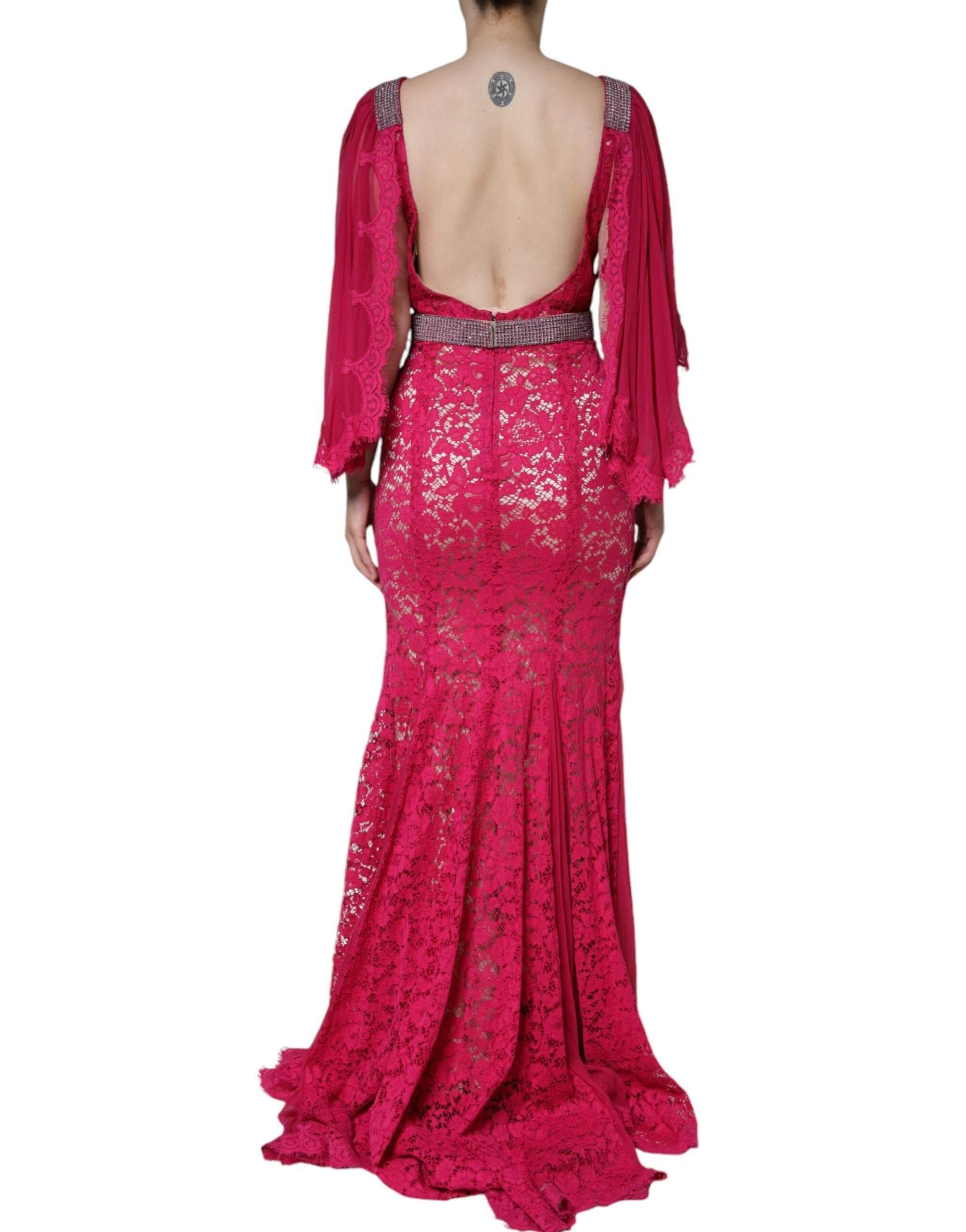 Dolce & Gabbana Pink Lace Crystal Sheath Long Gown Dress - Hilstor
