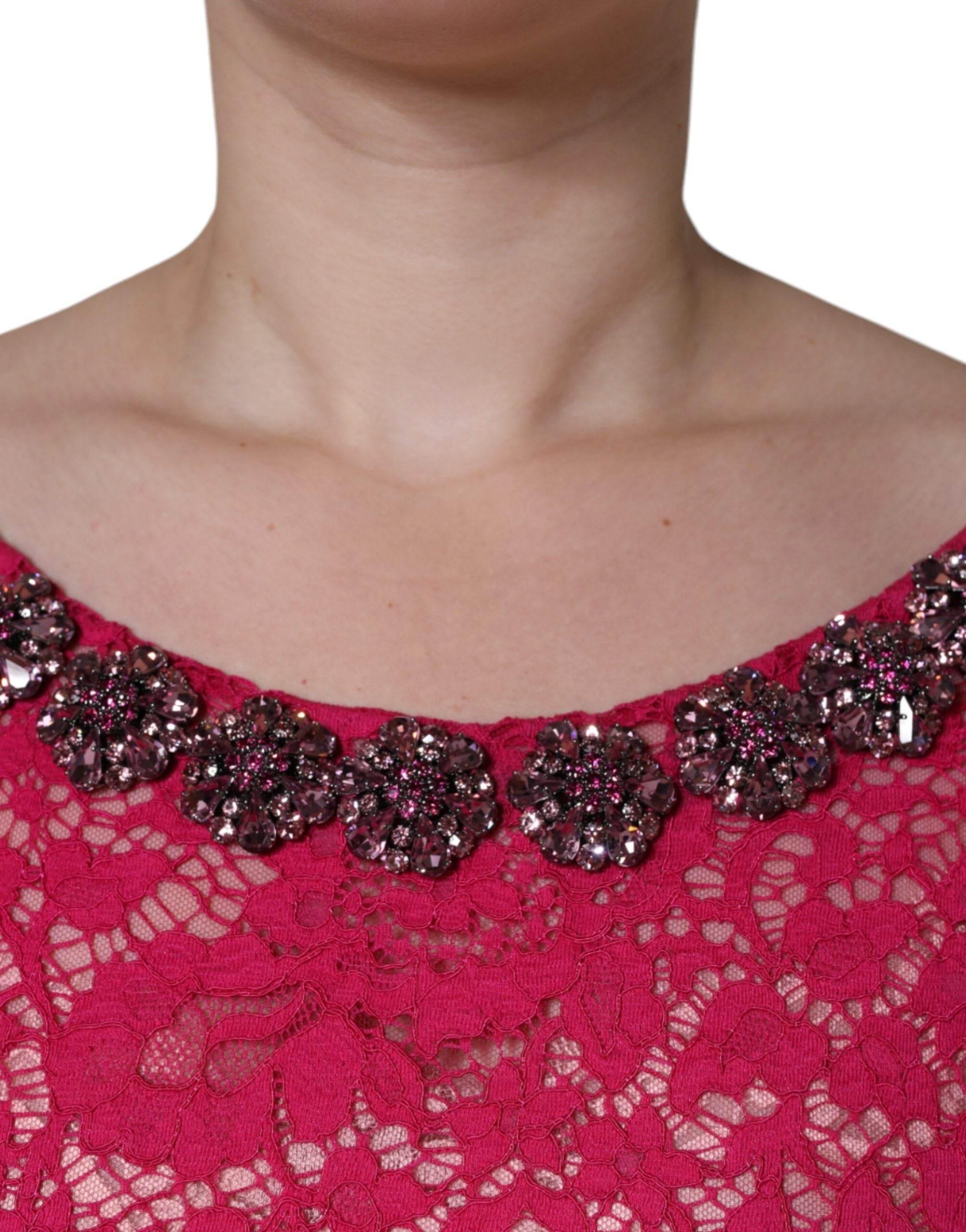 Dolce & Gabbana Pink Lace Crystal Sheath Long Gown Dress - Hilstor