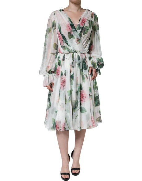 Dolce & Gabbana White Silk Floral Print A-line Midi Dress - Hilstor