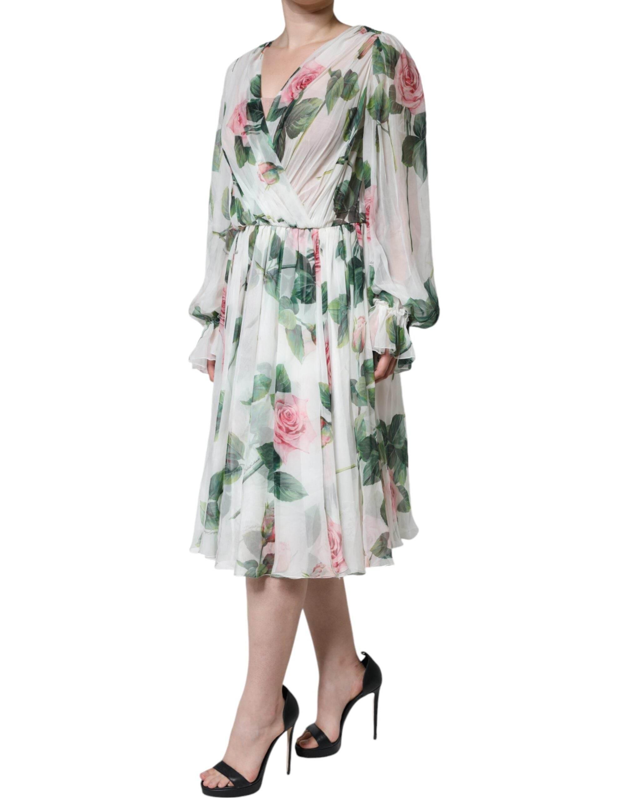 Dolce & Gabbana White Silk Floral Print A-line Midi Dress - Hilstor