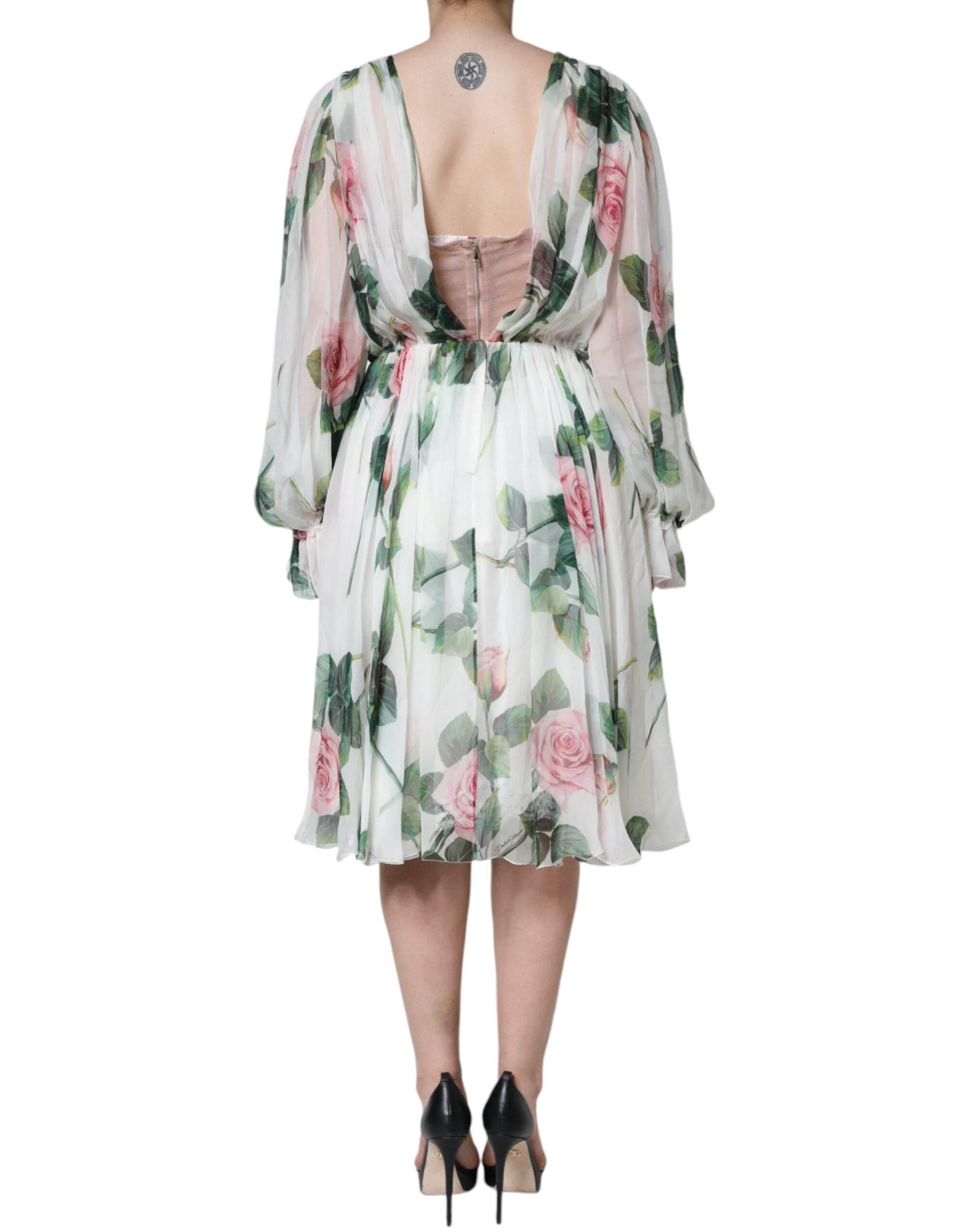 Dolce & Gabbana White Silk Floral Print A-line Midi Dress - Hilstor