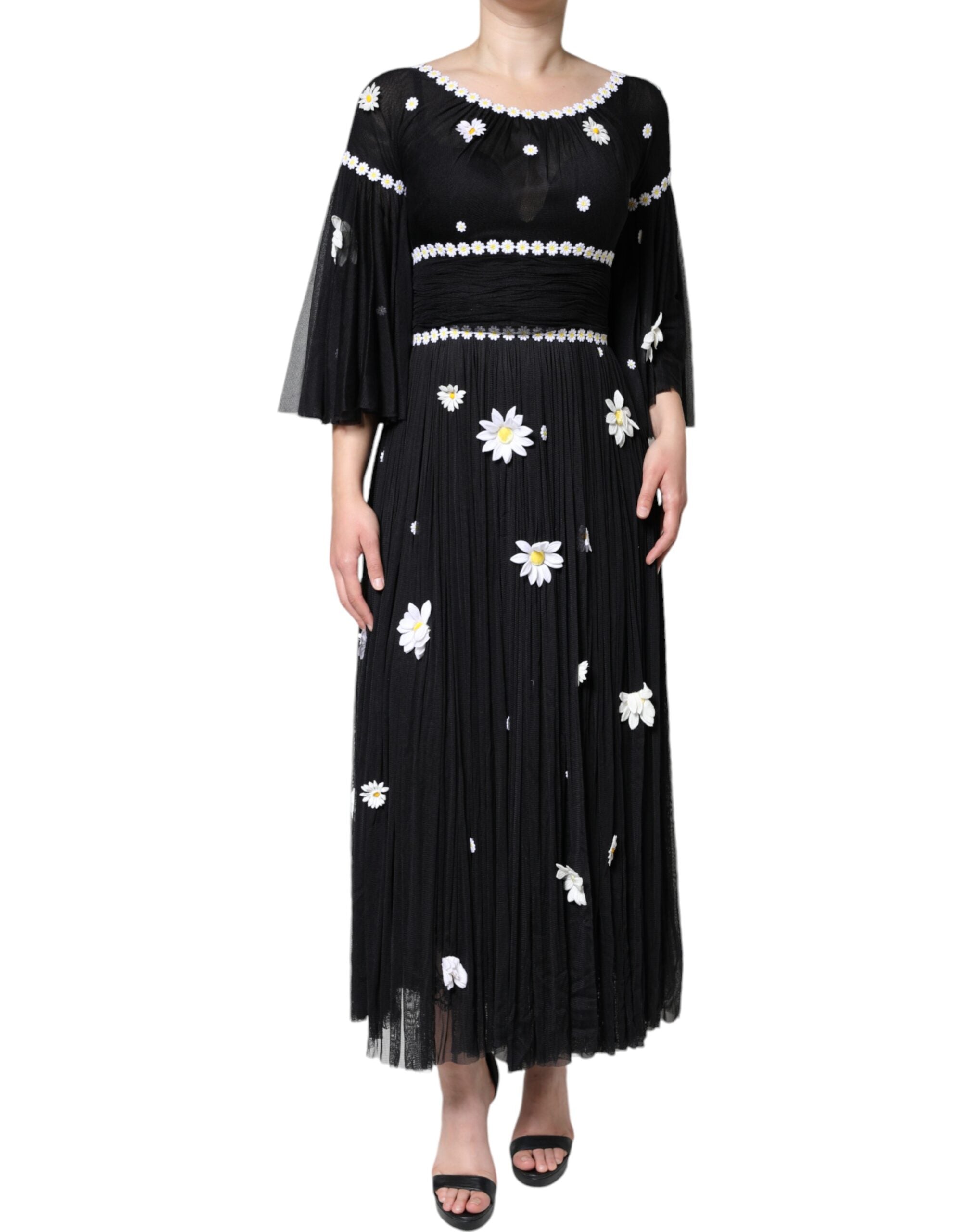 Dolce &amp; Gabbana Svart Sidenklänning med Daisy-motiv och A-linjeform