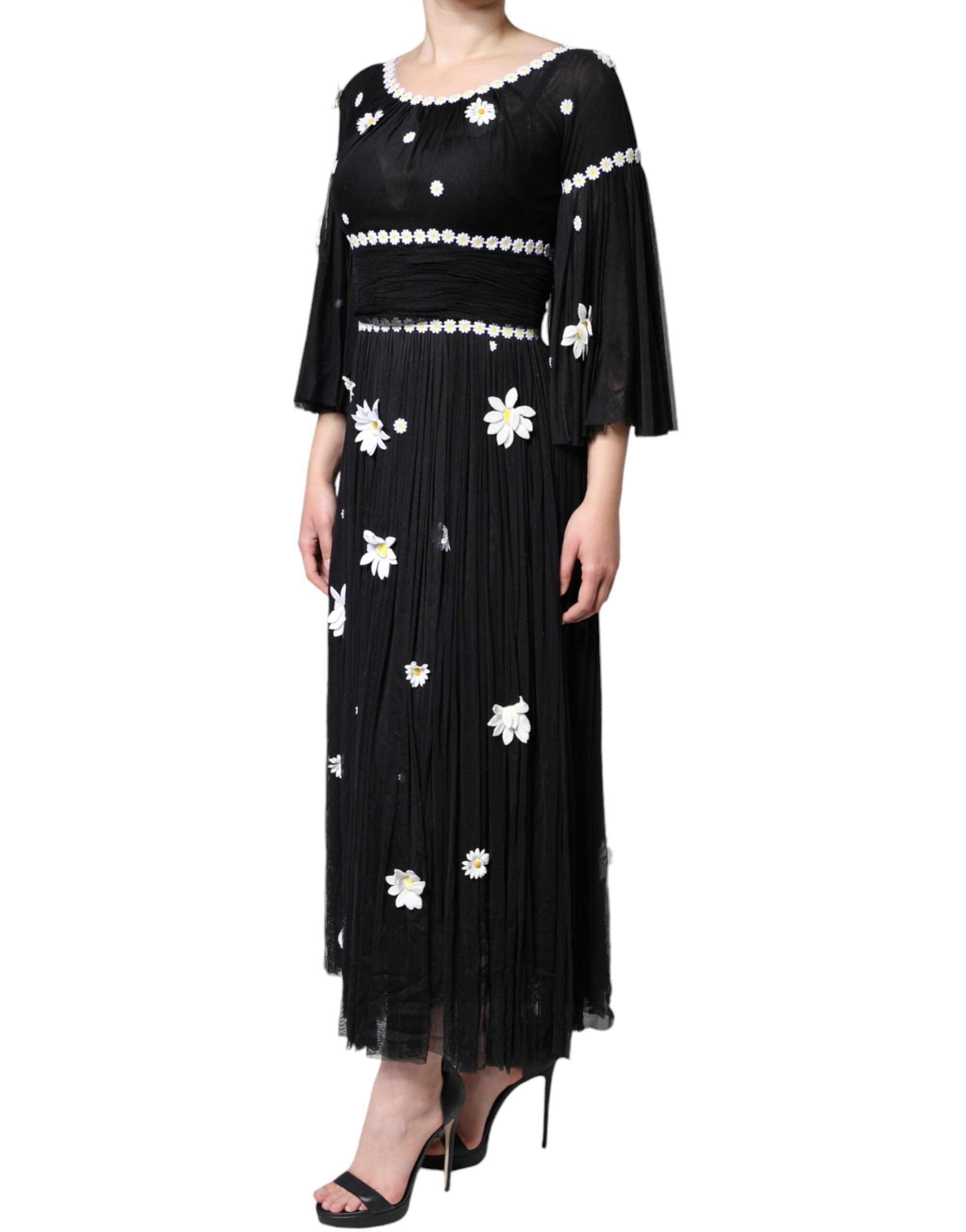 Dolce &amp; Gabbana Svart Sidenklänning med Daisy-motiv och A-linjeform