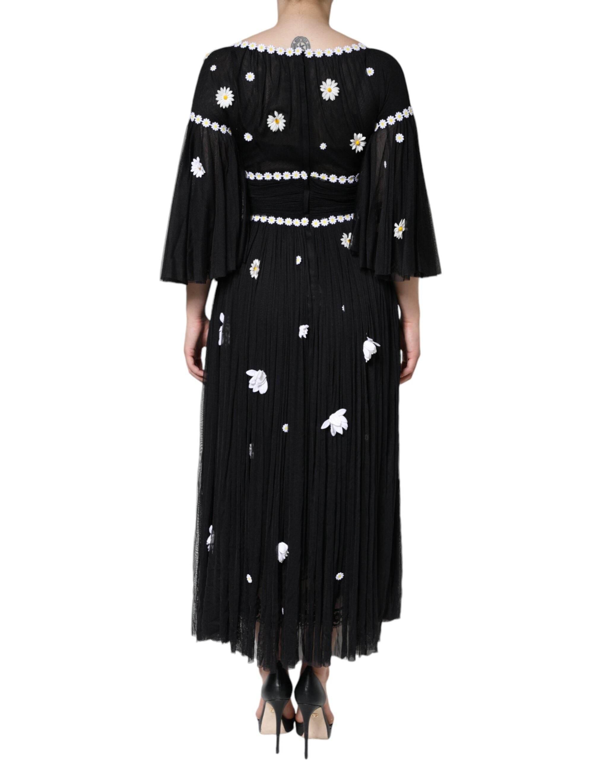 Dolce & Gabbana Black Silk Daisy A-line Long Maxi Dress - Hilstor