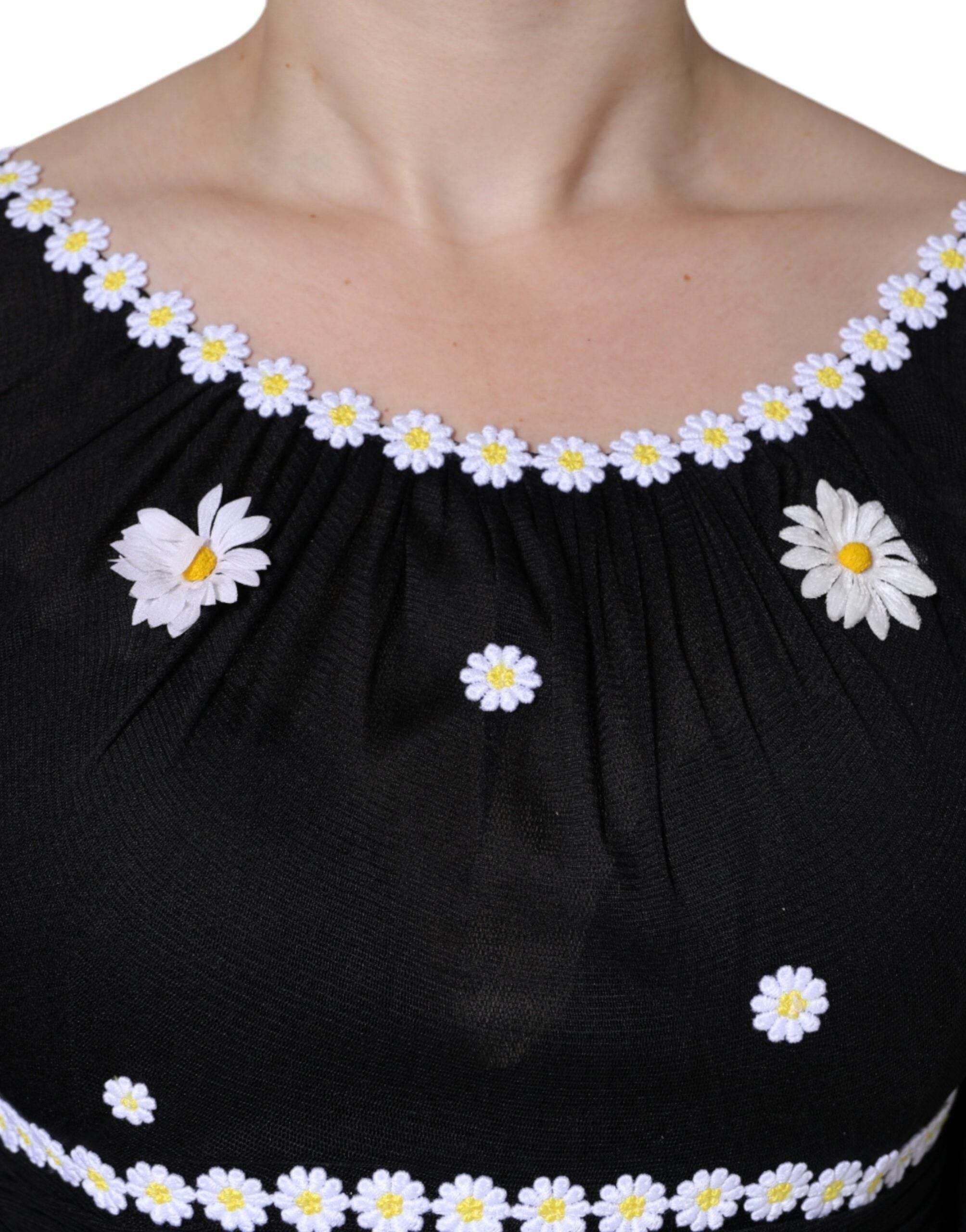 Dolce & Gabbana Black Silk Daisy A-line Long Maxi Dress - Hilstor
