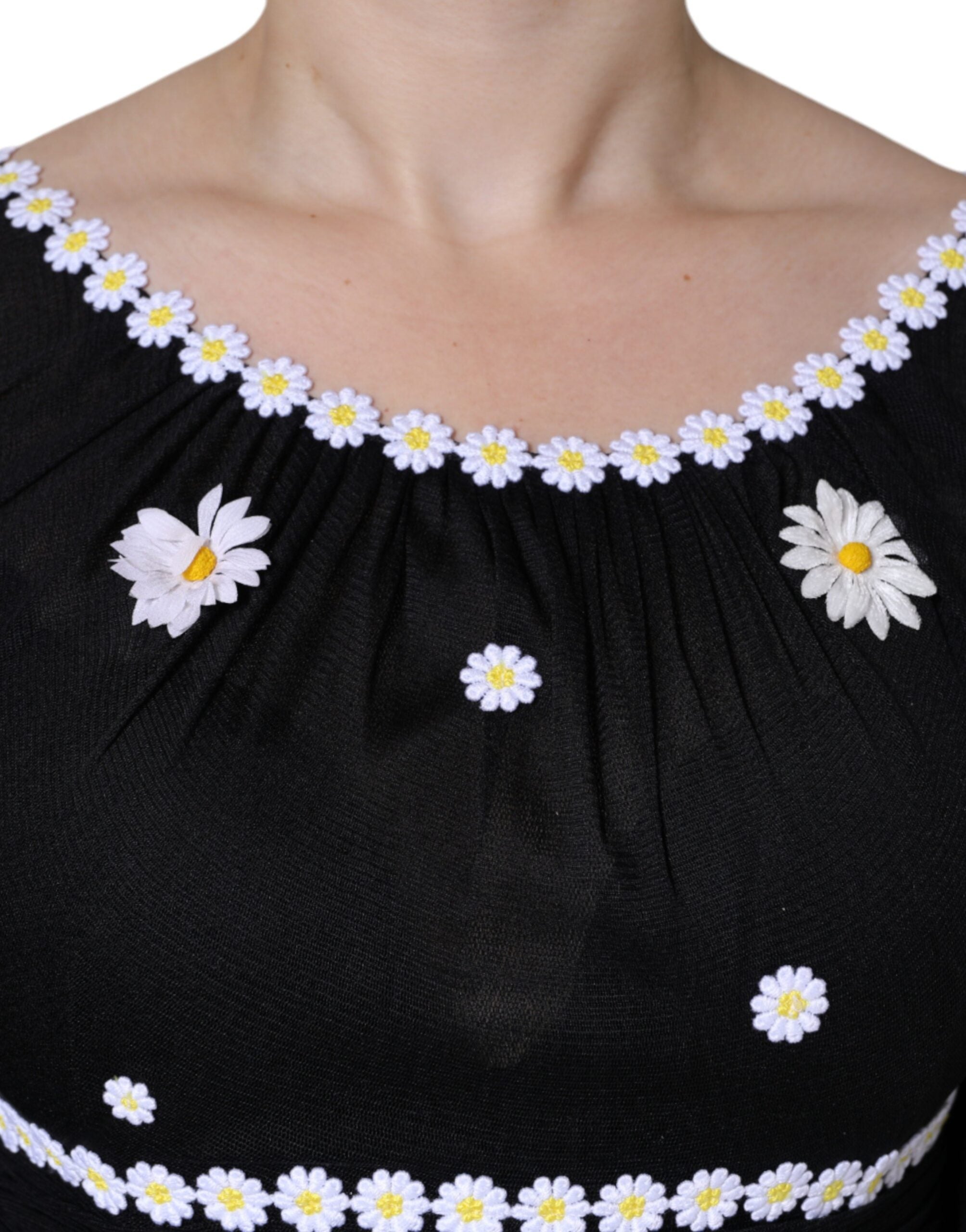 Dolce &amp; Gabbana Svart Sidenklänning med Daisy-motiv och A-linjeform