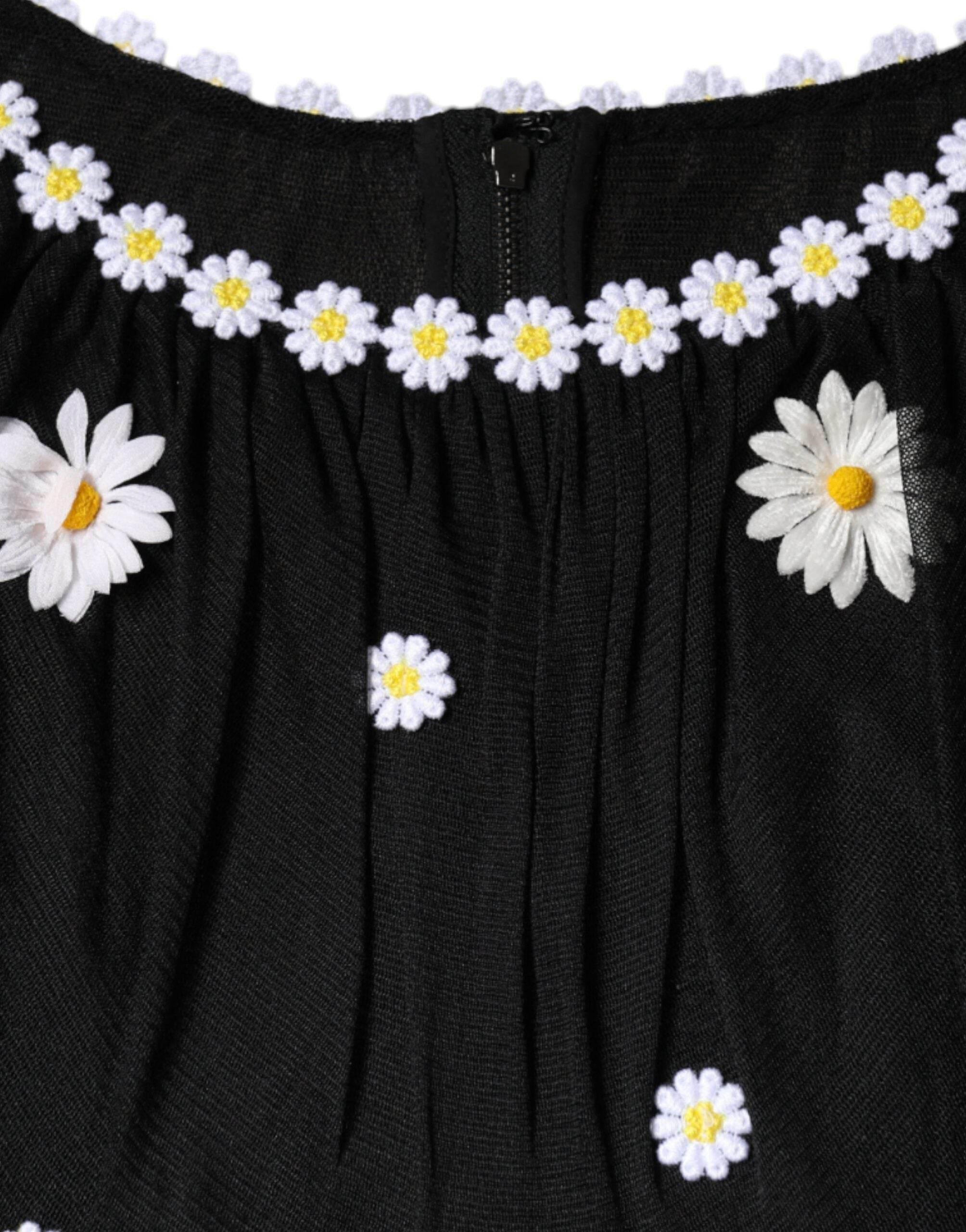 Dolce & Gabbana Black Silk Daisy A-line Long Maxi Dress - Hilstor