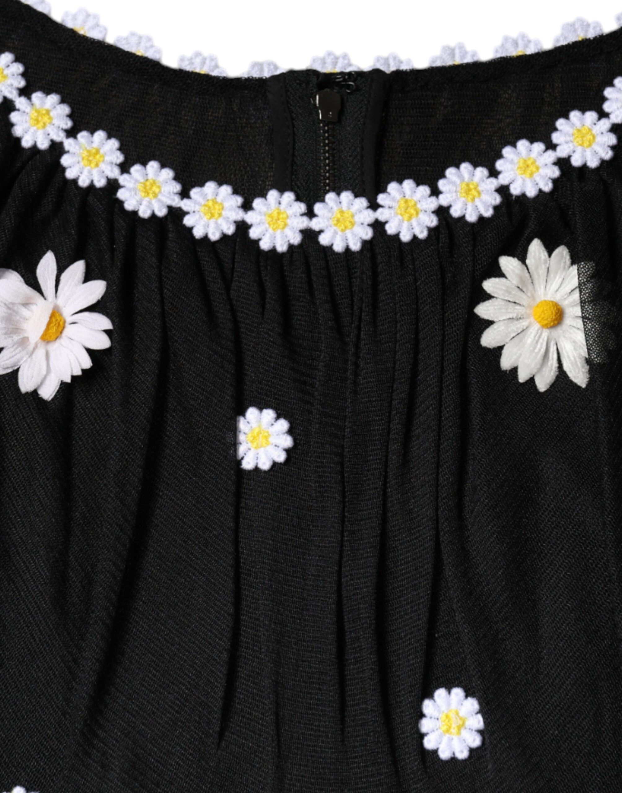 Dolce &amp; Gabbana Svart Sidenklänning med Daisy-motiv och A-linjeform