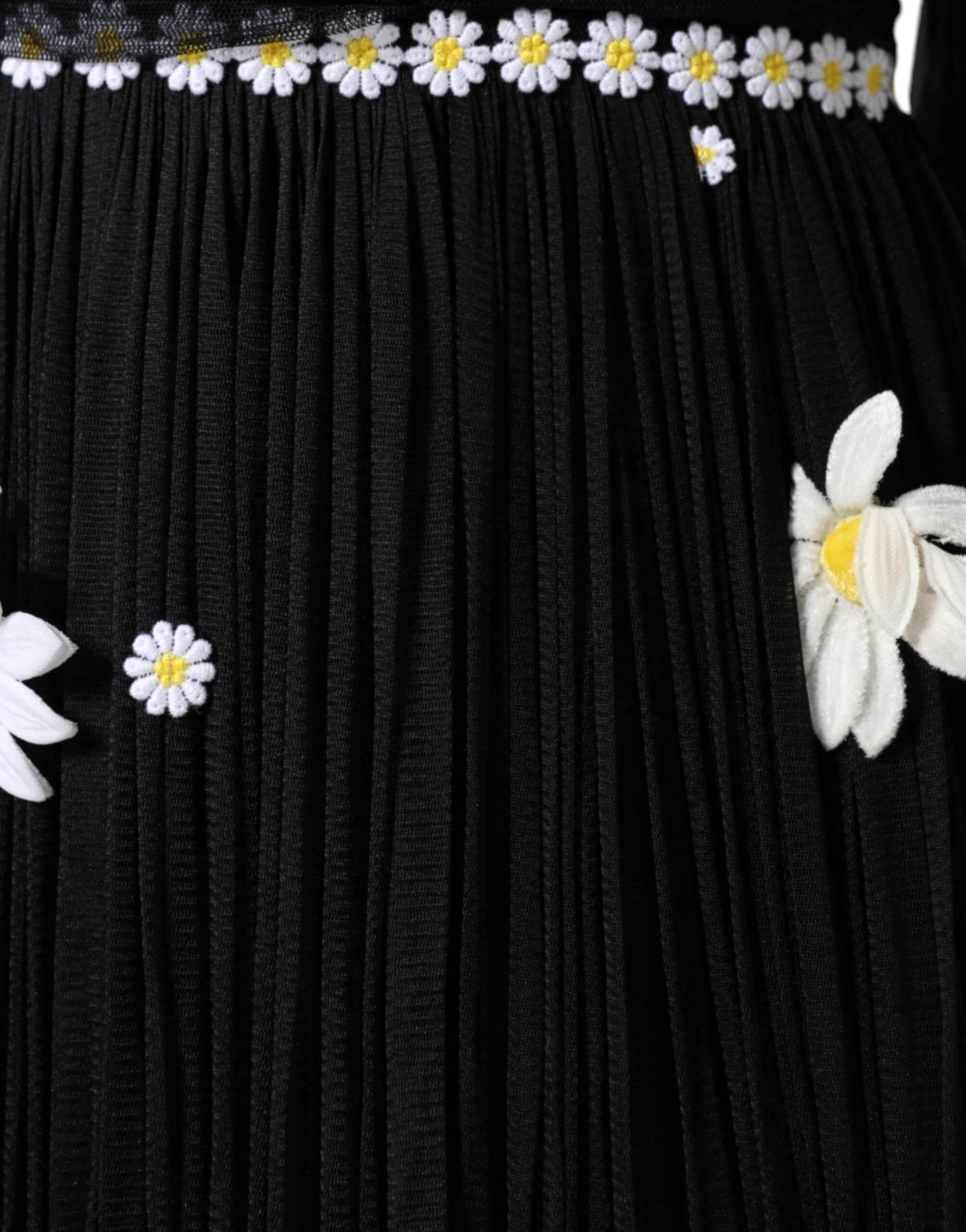 Dolce & Gabbana Black Silk Daisy A-line Long Maxi Dress - Hilstor