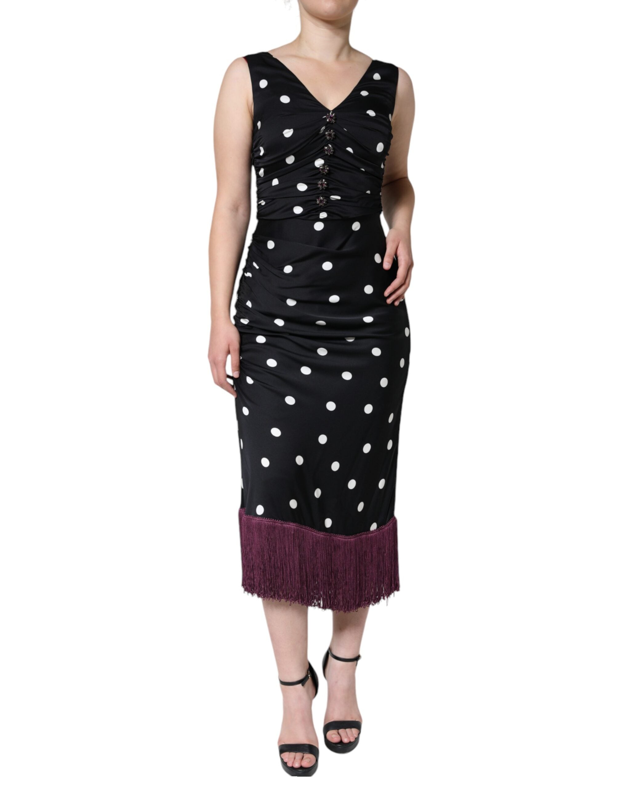 Dolce &amp; Gabbana Sort Silk Polka Dot Vneck Tassel Midi-kjole