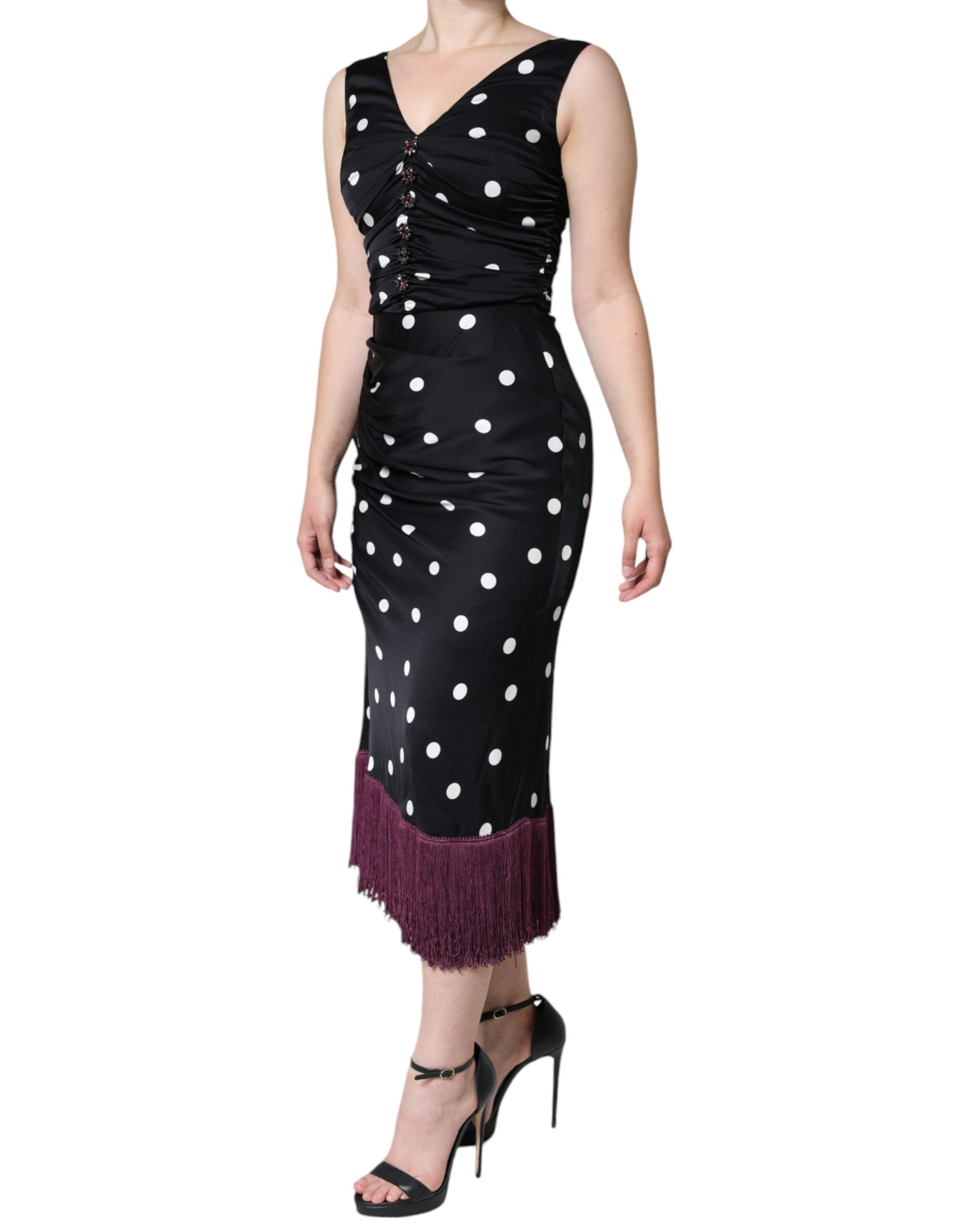 Dolce &amp; Gabbana Sort Silk Polka Dot Vneck Tassel Midi-kjole
