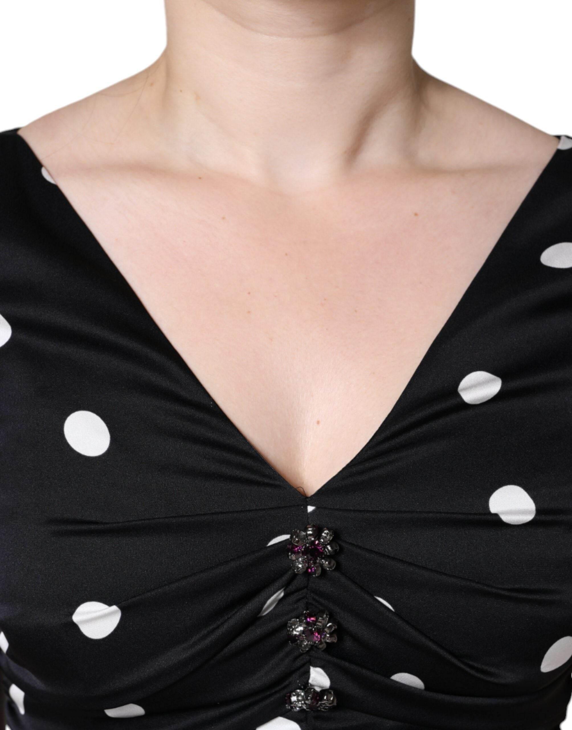Dolce & Gabbana Black Silk Polka Dot Vneck Tassel Midi Dress - Hilstor