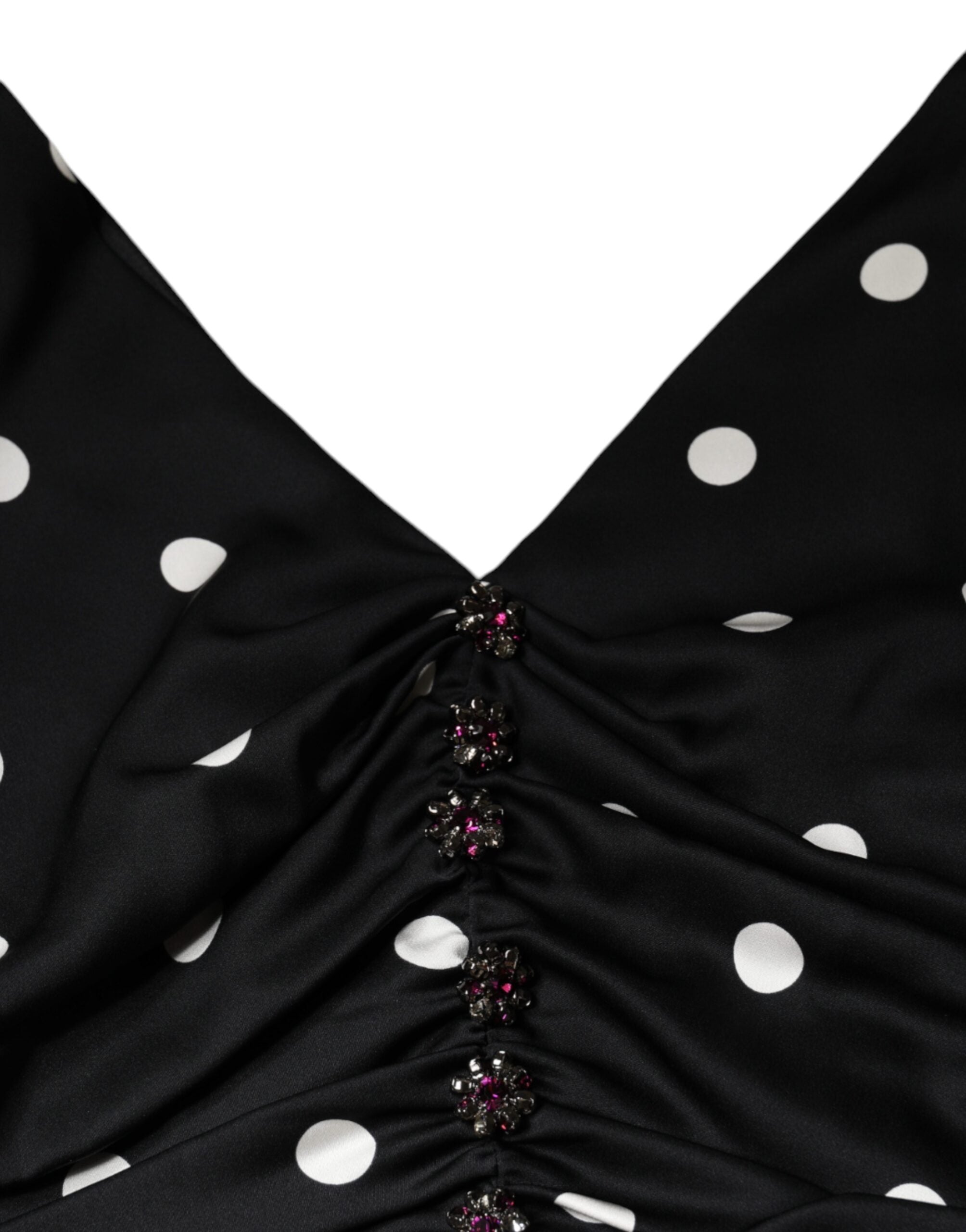 Dolce &amp; Gabbana Sort Silk Polka Dot Vneck Tassel Midi-kjole