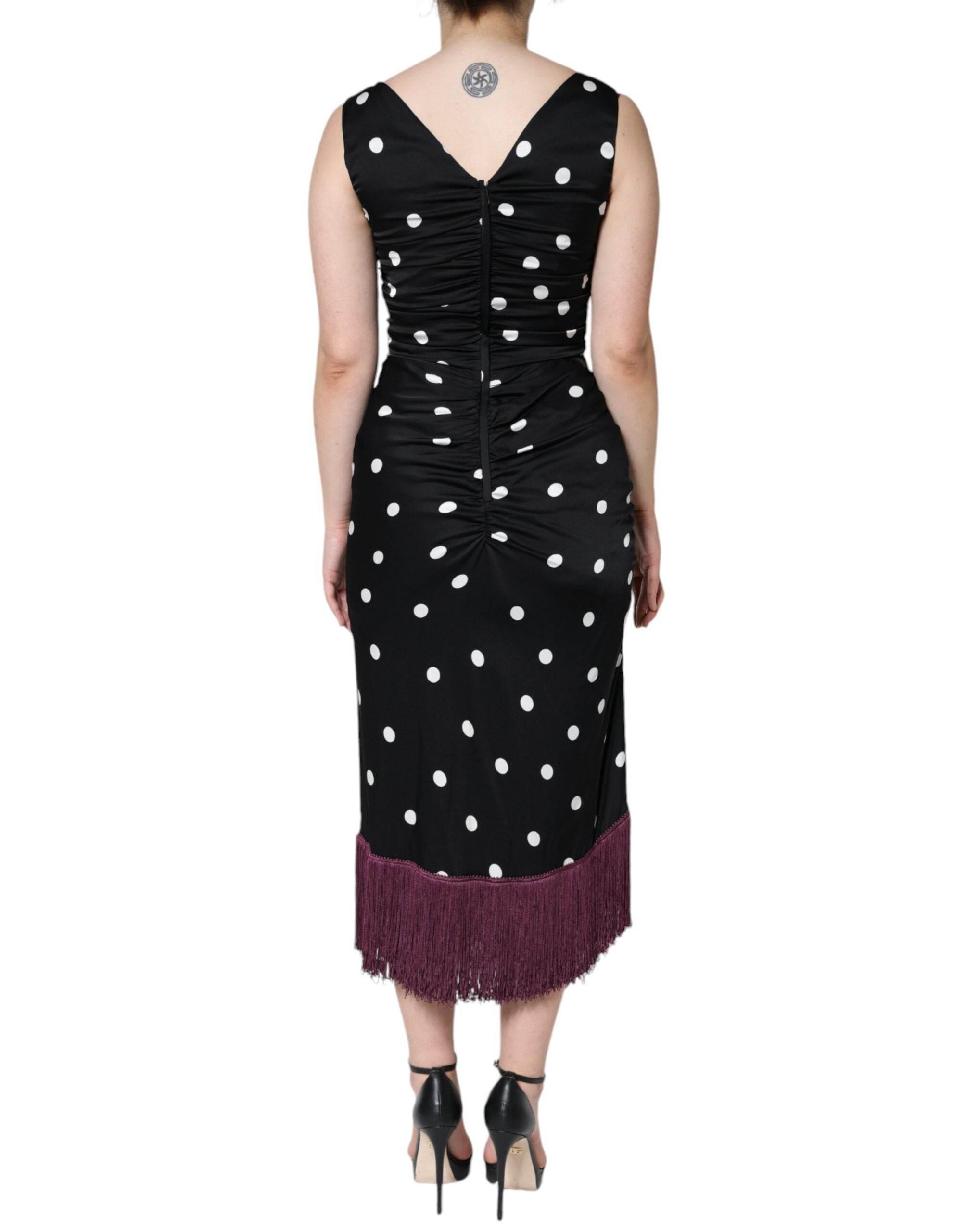 Dolce & Gabbana Black Silk Polka Dot Vneck Tassel Midi Dress - Hilstor