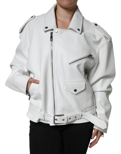 Dolce & Gabbana White Lambskin Leather Biker Coat Jacket - Hilstor