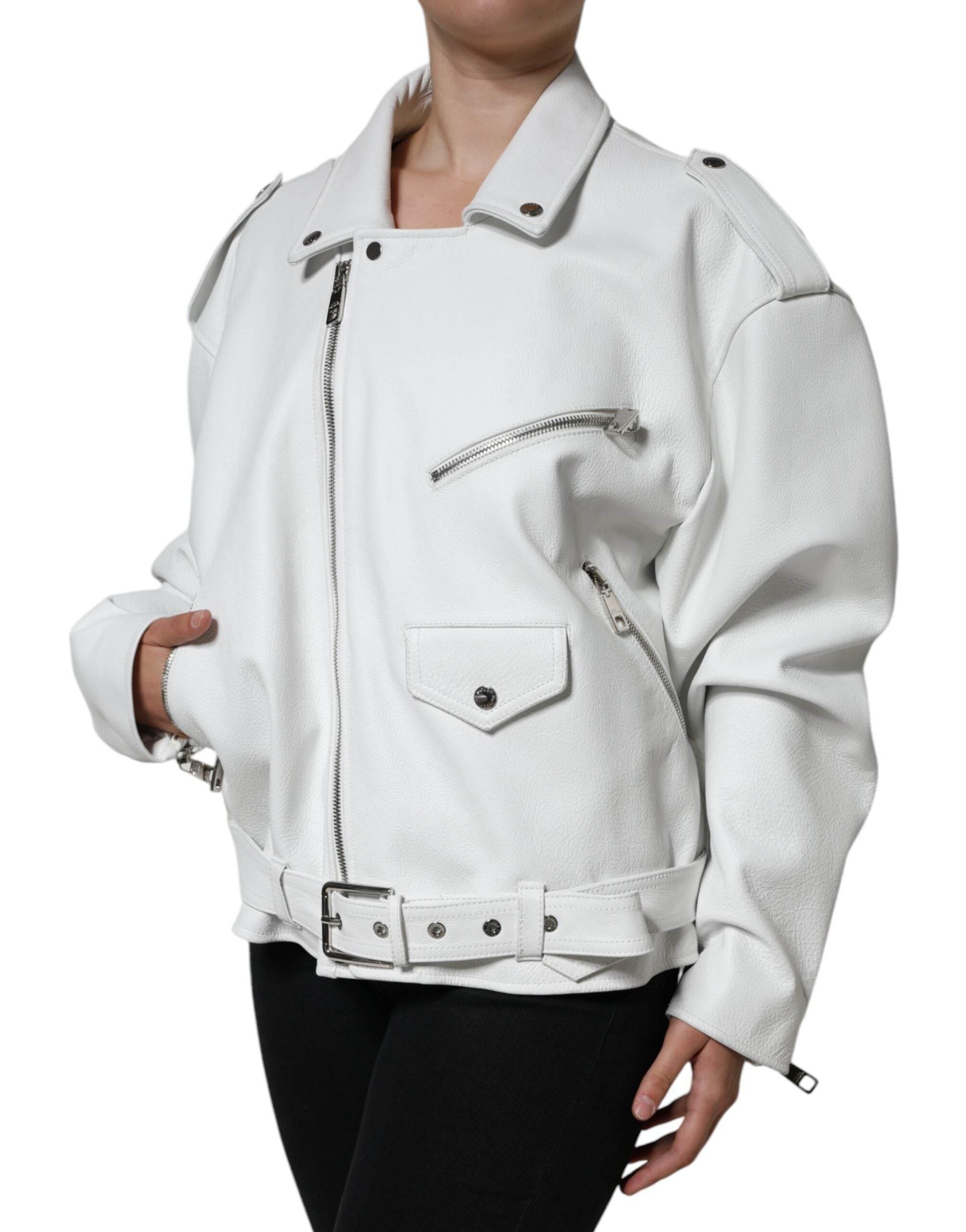 Dolce & Gabbana White Lambskin Leather Biker Coat Jacket - Hilstor