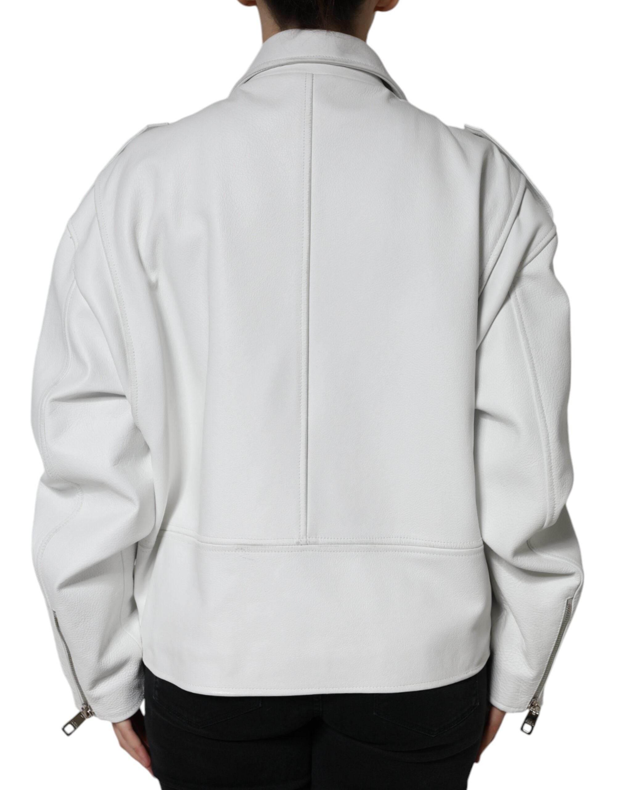 Dolce & Gabbana White Lambskin Leather Biker Coat Jacket - Hilstor