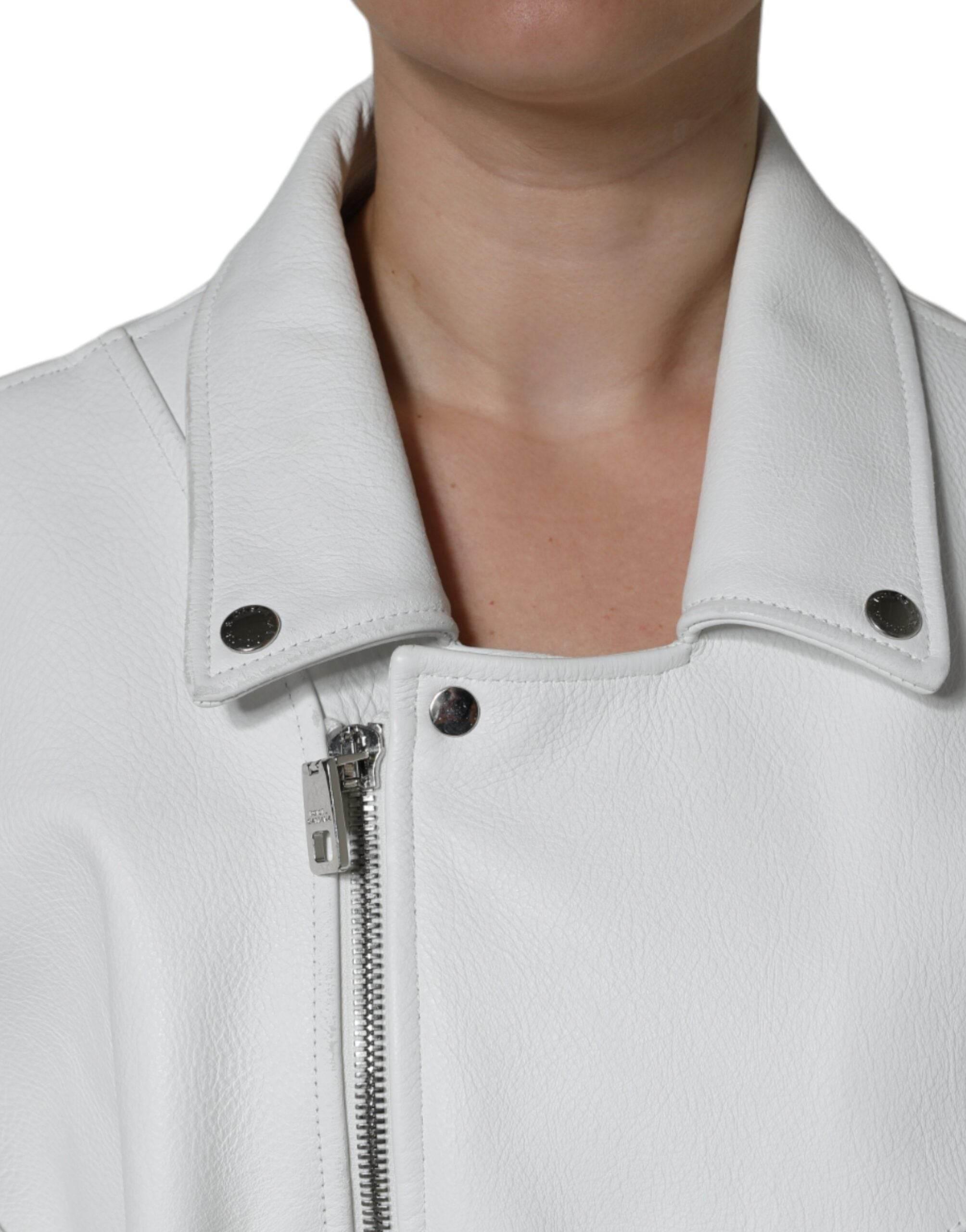 Dolce & Gabbana White Lambskin Leather Biker Coat Jacket - Hilstor