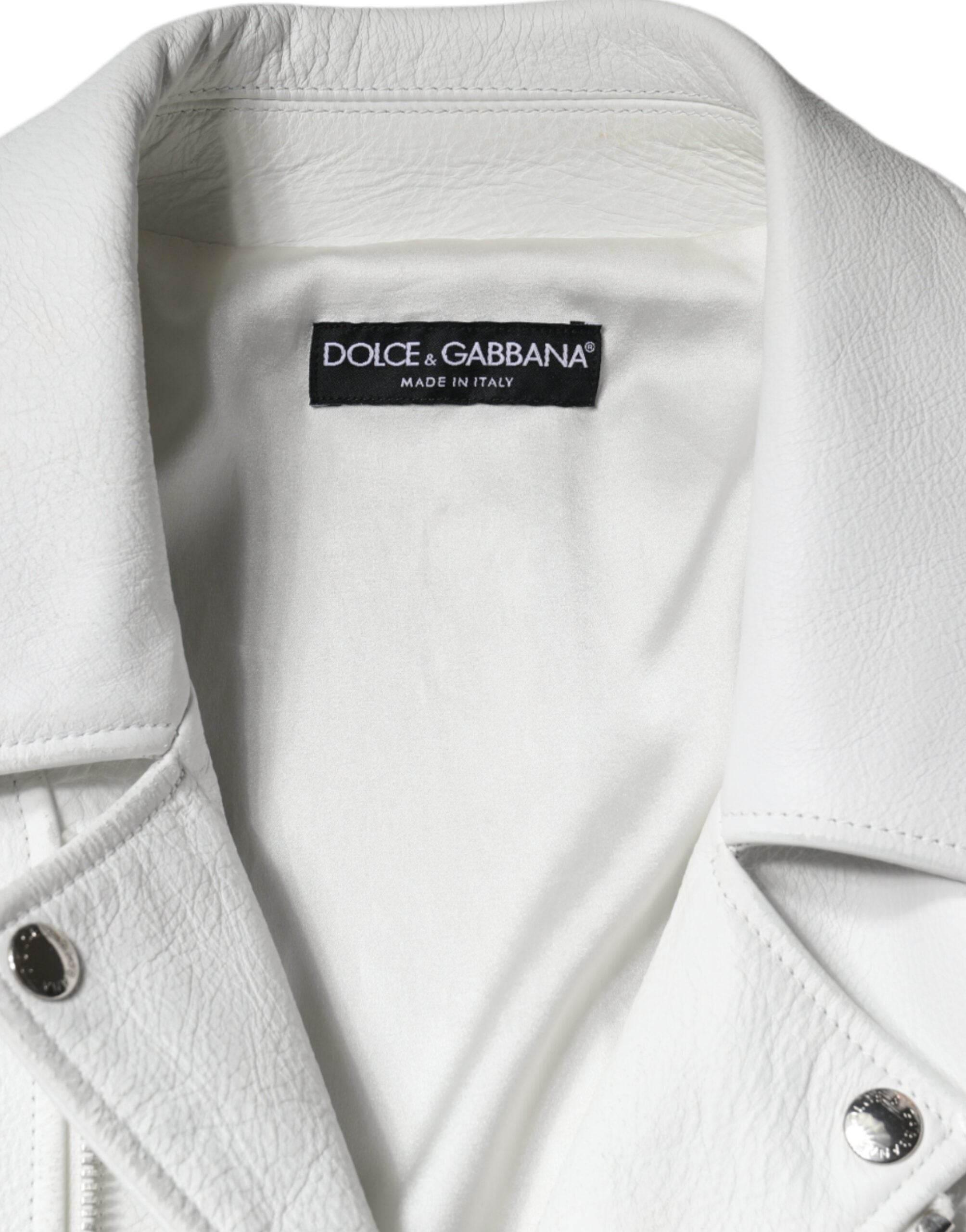 Dolce & Gabbana White Lambskin Leather Biker Coat Jacket - Hilstor