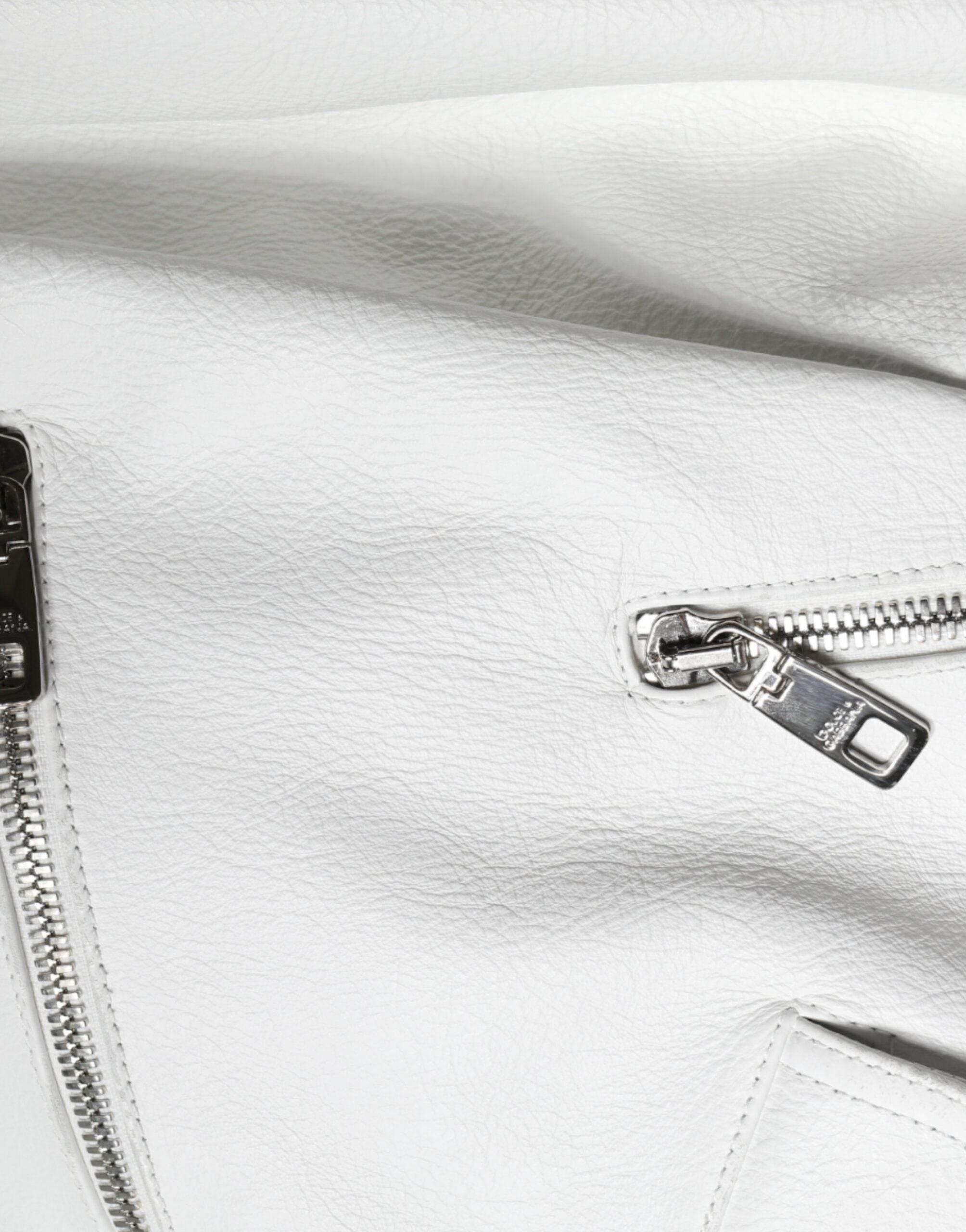 Dolce & Gabbana White Lambskin Leather Biker Coat Jacket - Hilstor