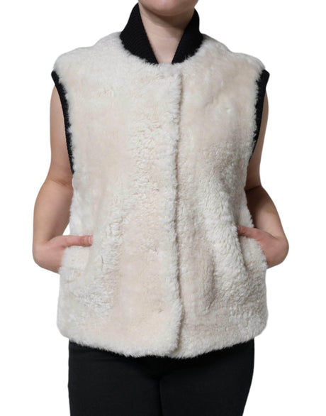 Burberry White WARRENFORD Shearling Leather Vest Coat Jacket - Hilstor