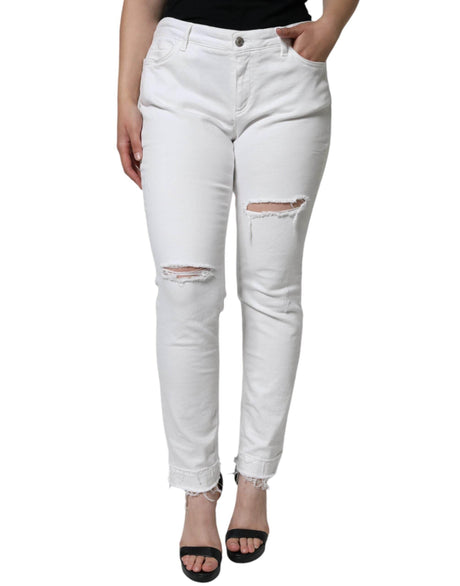 Dolce & Gabbana White Cotton Stretch Tattered Skinny Jeans - Hilstor