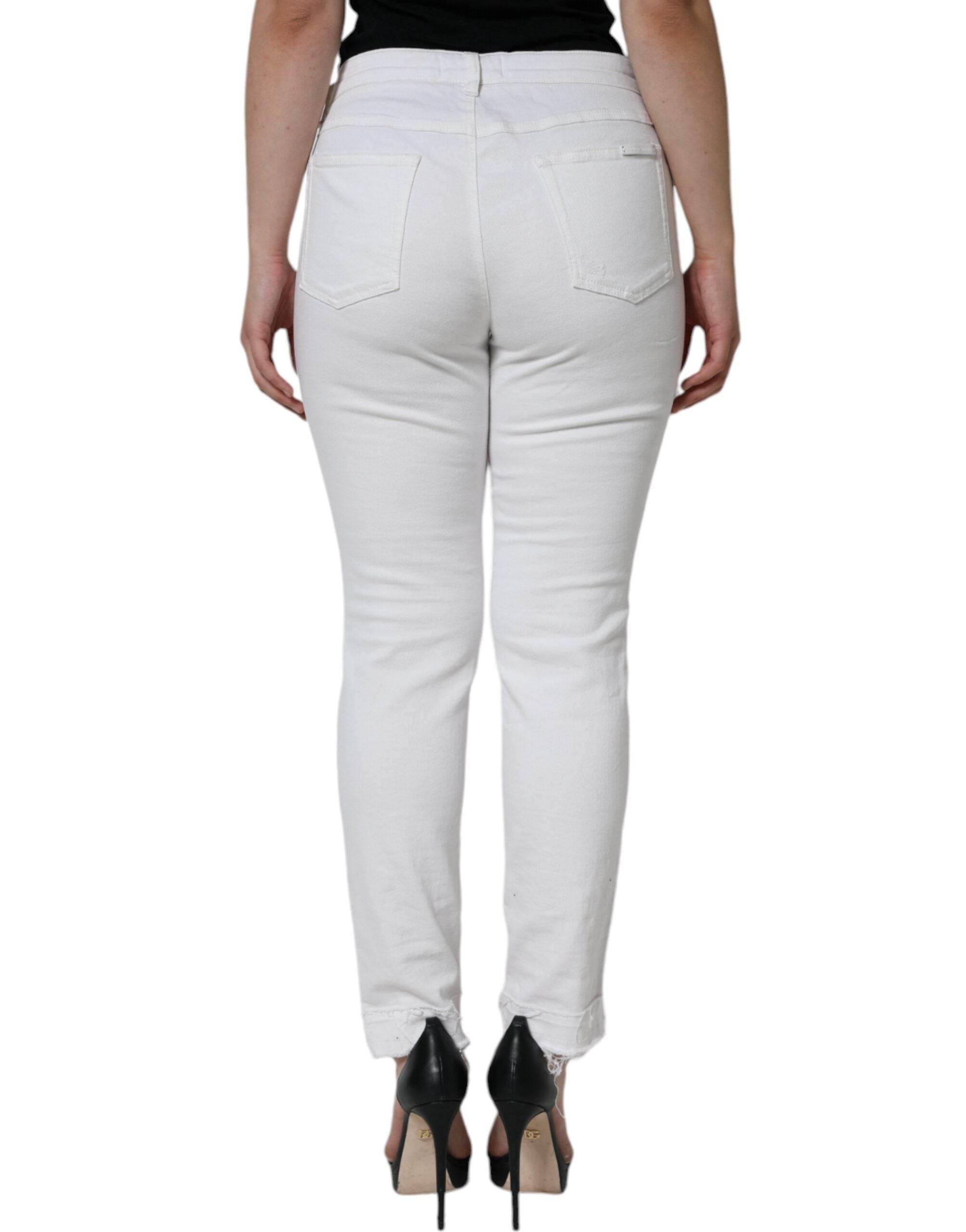 Dolce & Gabbana White Cotton Stretch Tattered Skinny Jeans - Hilstor