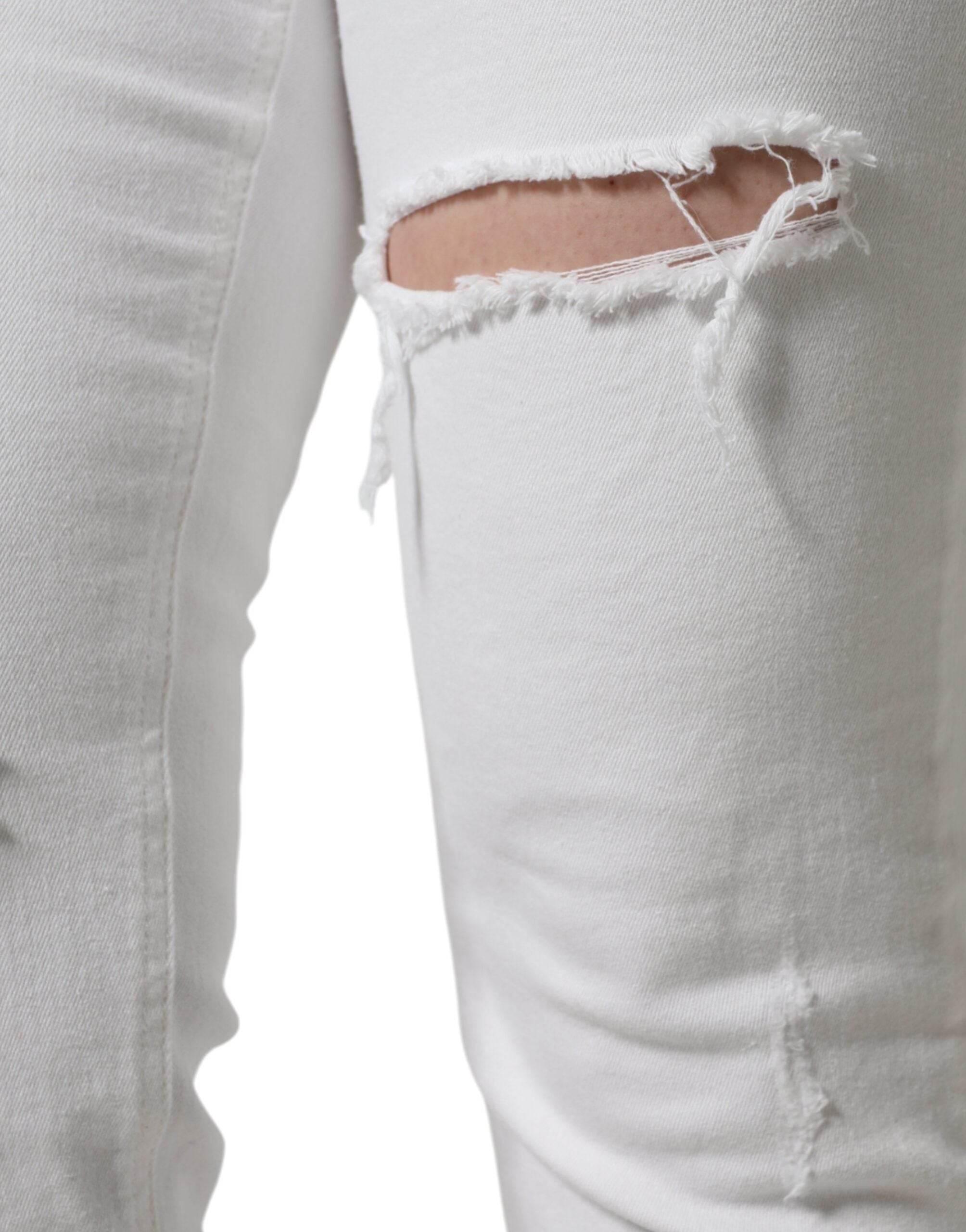 Dolce & Gabbana White Cotton Stretch Tattered Skinny Jeans - Hilstor