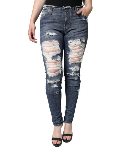 Dolce & Gabbana Blue Cotton Stretch Tattered Skinny Jeans - Hilstor