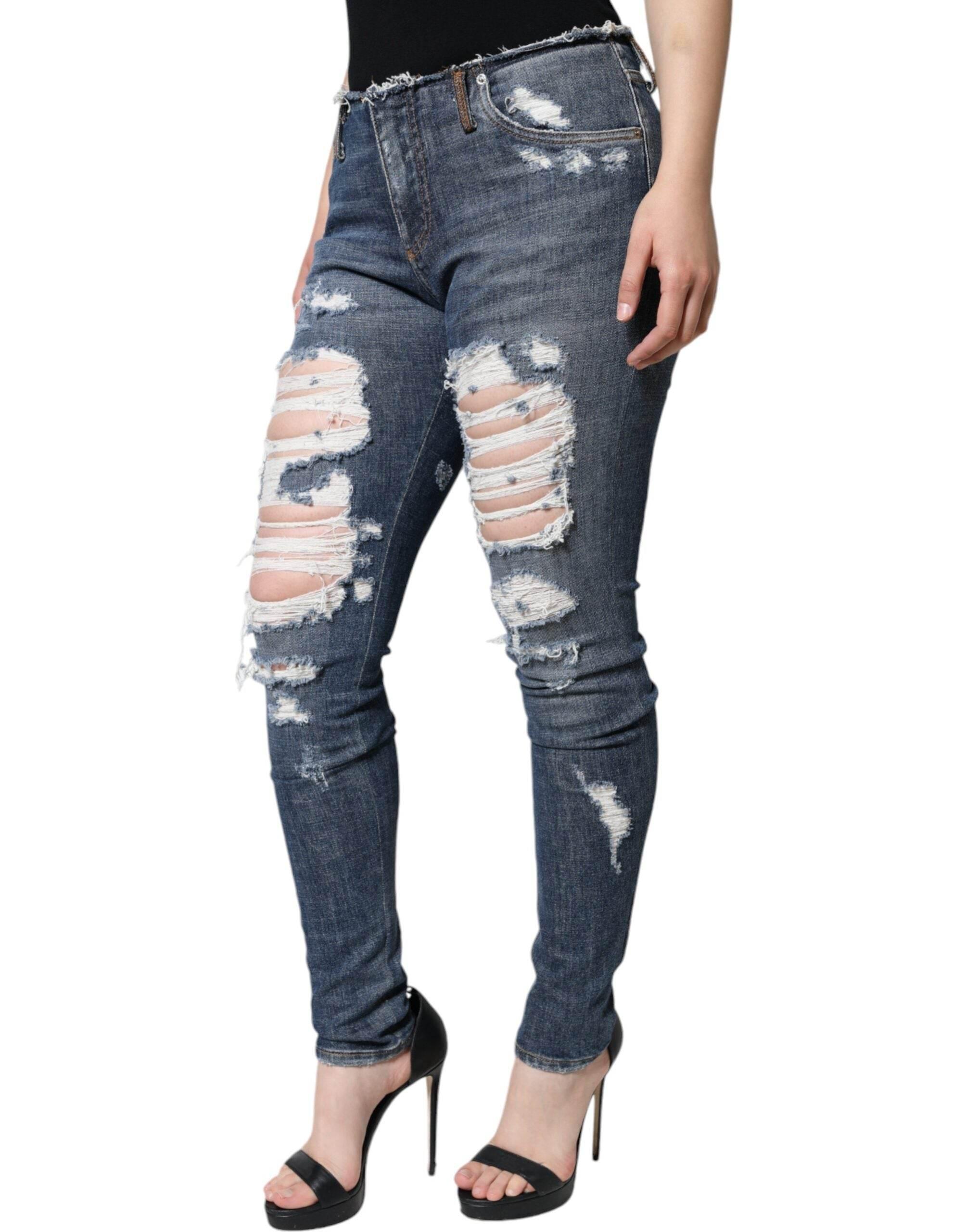 Dolce & Gabbana Blue Cotton Stretch Tattered Skinny Jeans - Hilstor