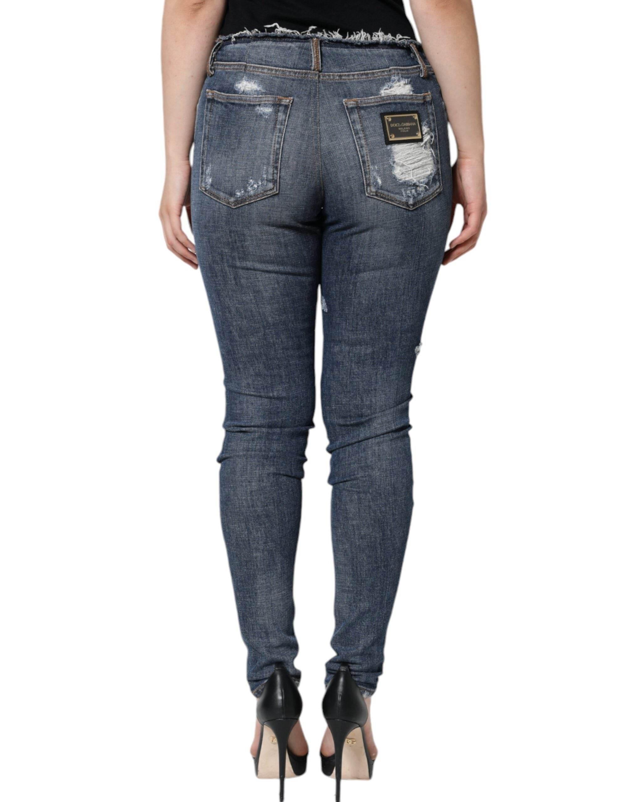 Dolce & Gabbana Blue Cotton Stretch Tattered Skinny Jeans - Hilstor