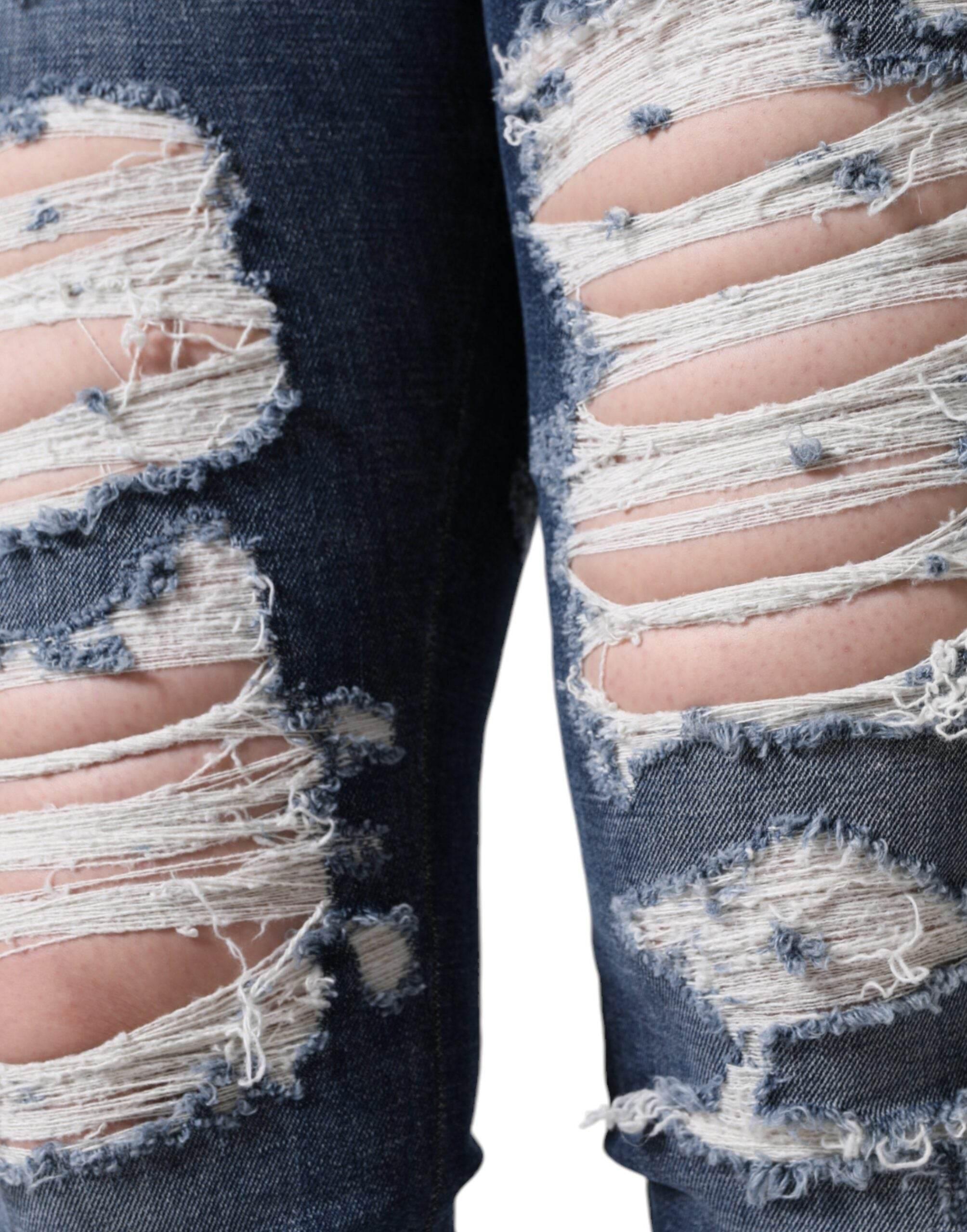 Dolce & Gabbana Blue Cotton Stretch Tattered Skinny Jeans - Hilstor