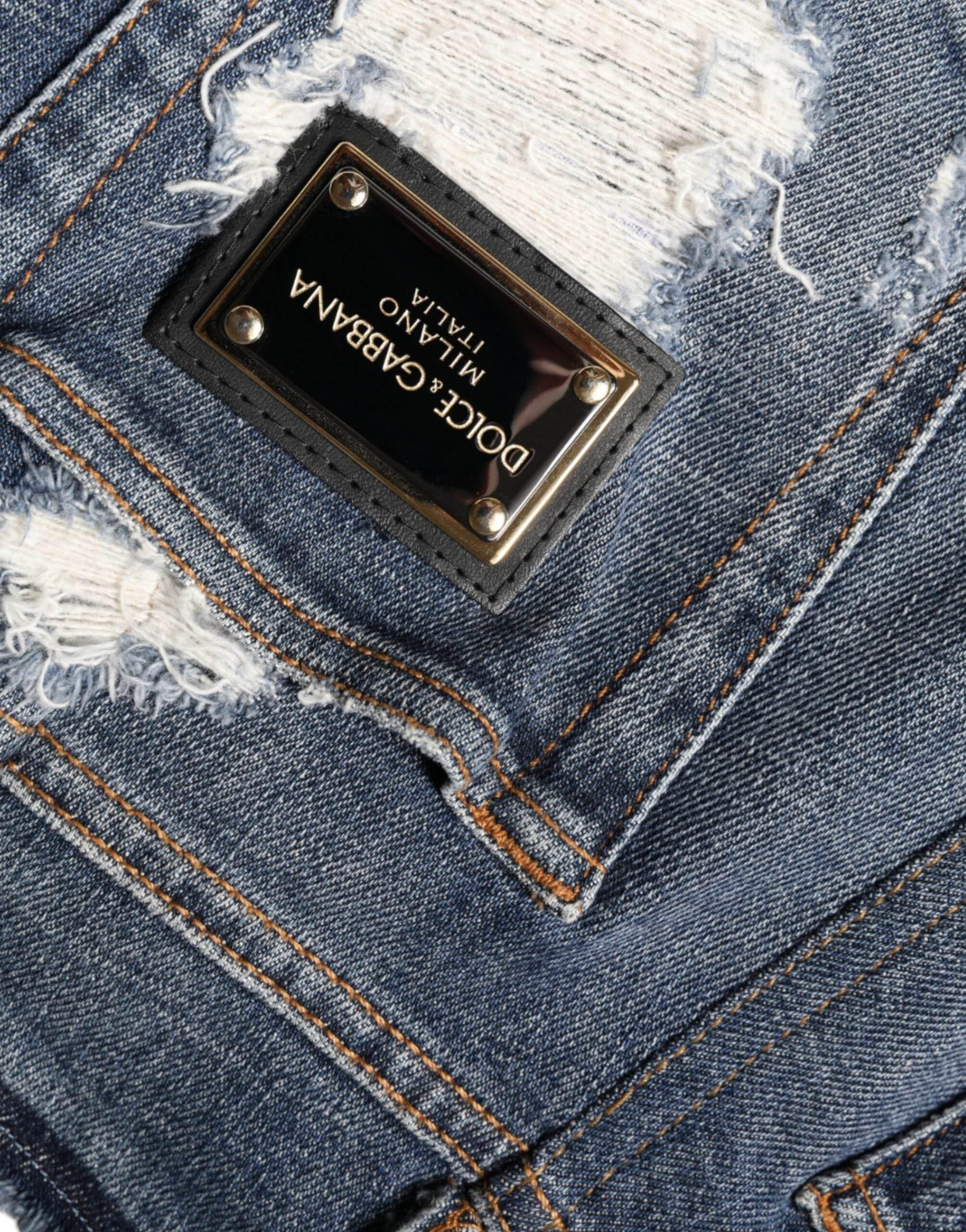 Dolce & Gabbana Blue Cotton Stretch Tattered Skinny Jeans - Hilstor