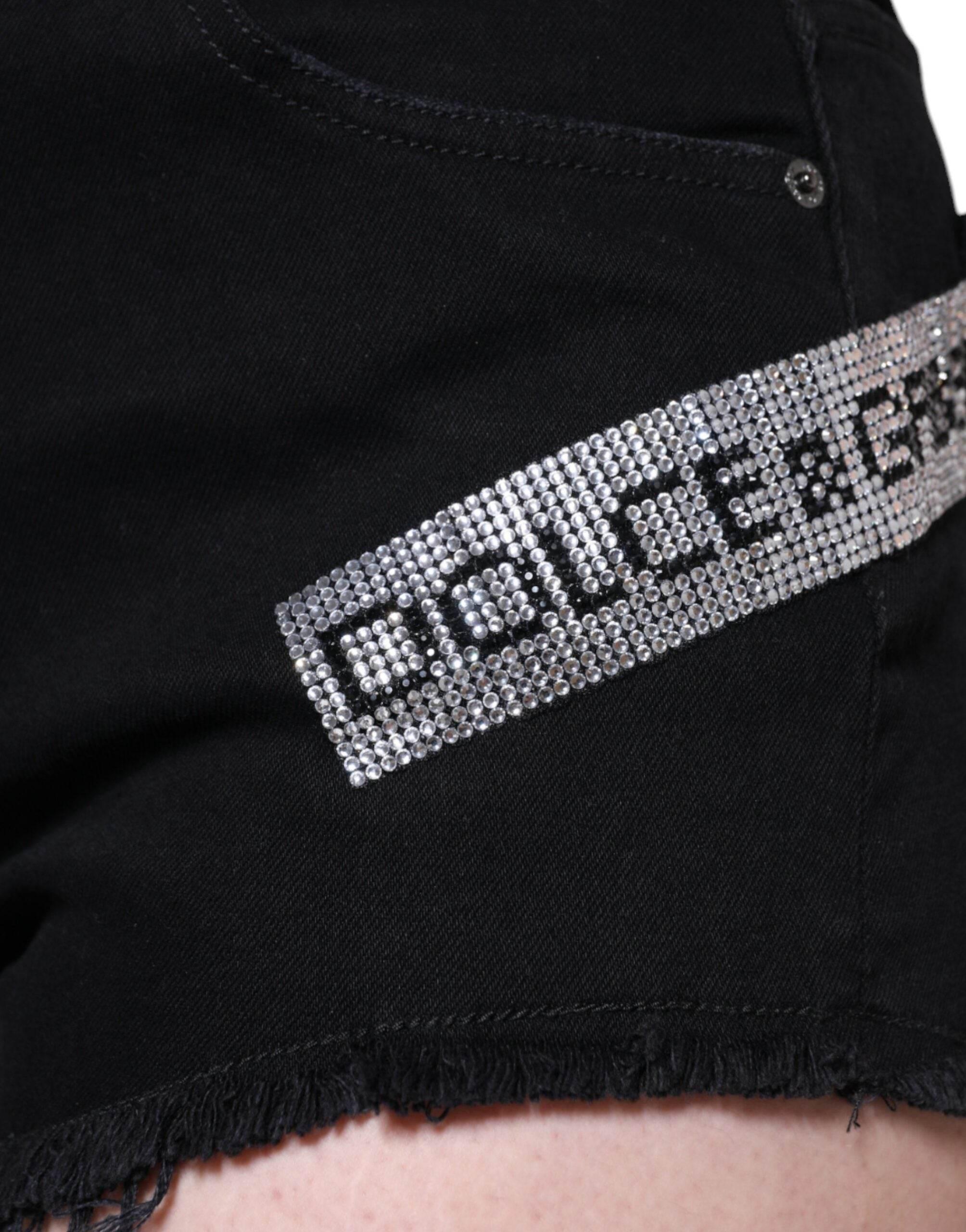 Dolce & Gabbana Black Cotton Stretch Strass Hot Pants Shorts - Hilstor