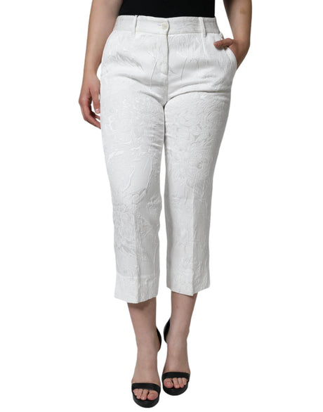 Dolce & Gabbana White Floral Brocade Cotton Cropped Pants - Hilstor