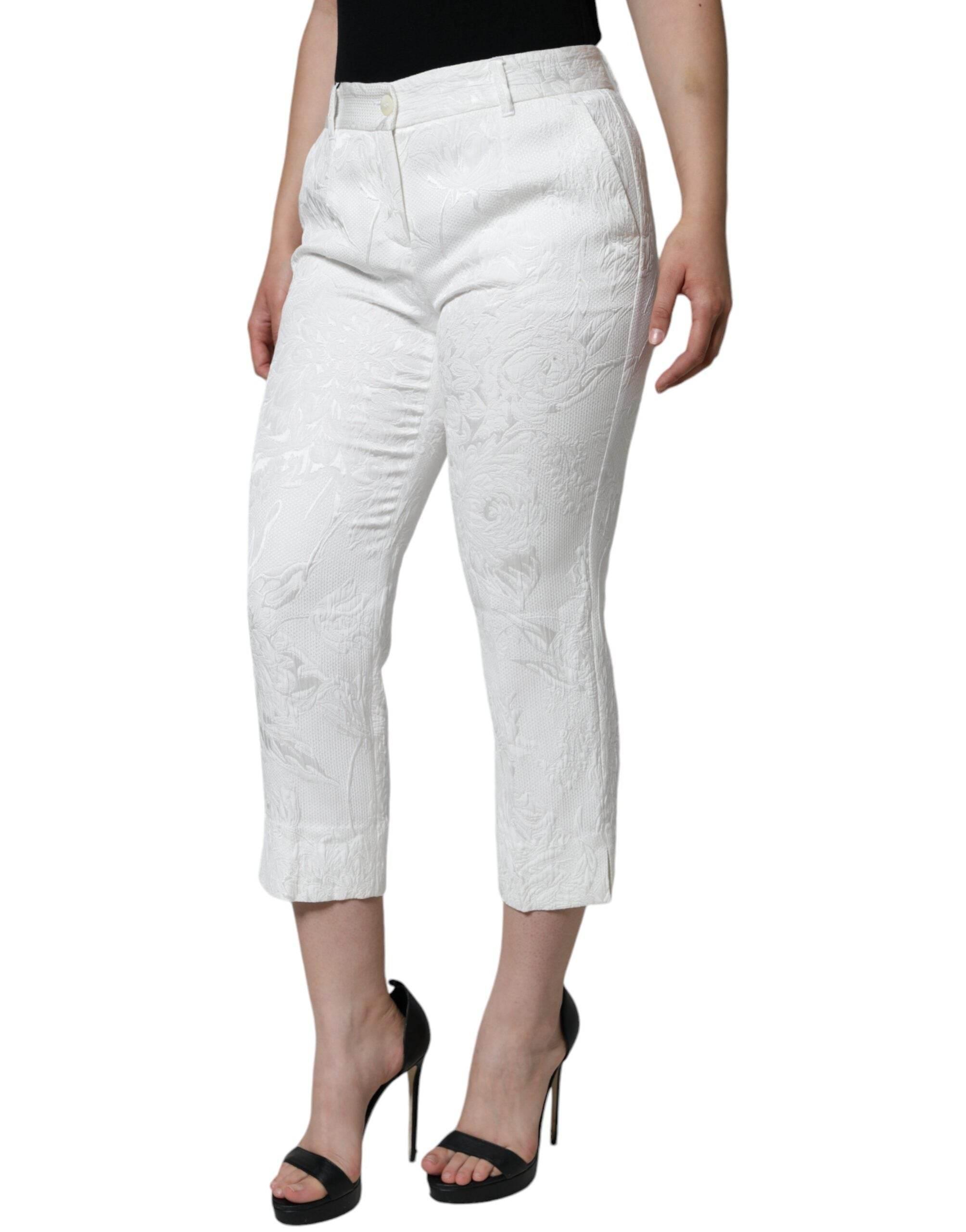 Dolce & Gabbana White Floral Brocade Cotton Cropped Pants - Hilstor