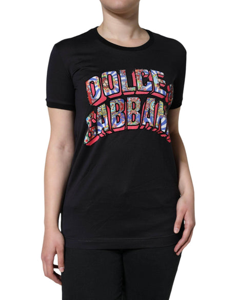 Dolce & Gabbana Black Cotton Logo Print Round Neck T-shirt - Hilstor