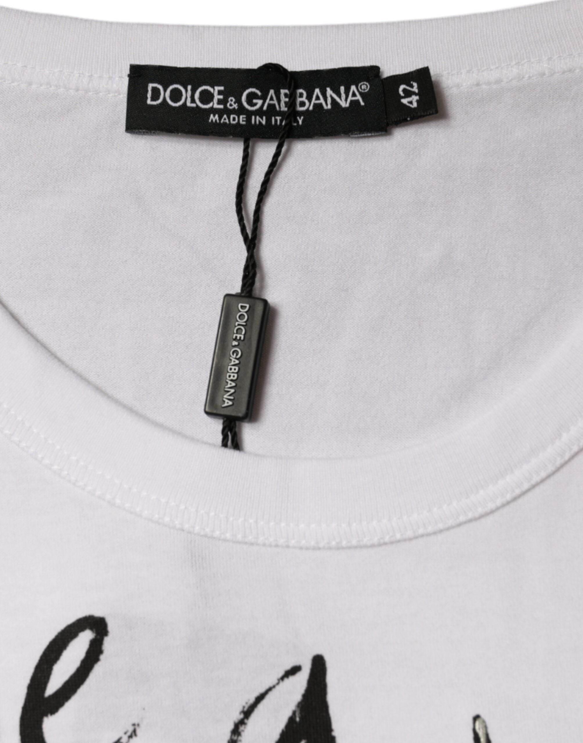 Dolce & Gabbana White Cotton Logo Print Round Neck T-shirt - Hilstor