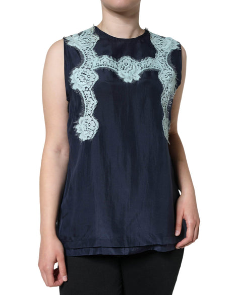 Dolce & Gabbana Blue Floral Lace Silk Sleeveless Tank Top - Hilstor