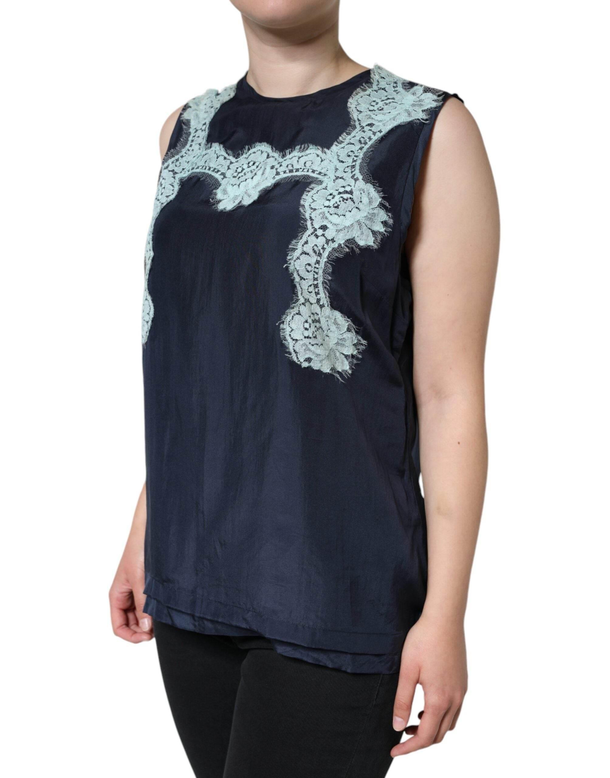 Dolce & Gabbana Blue Floral Lace Silk Sleeveless Tank Top - Hilstor