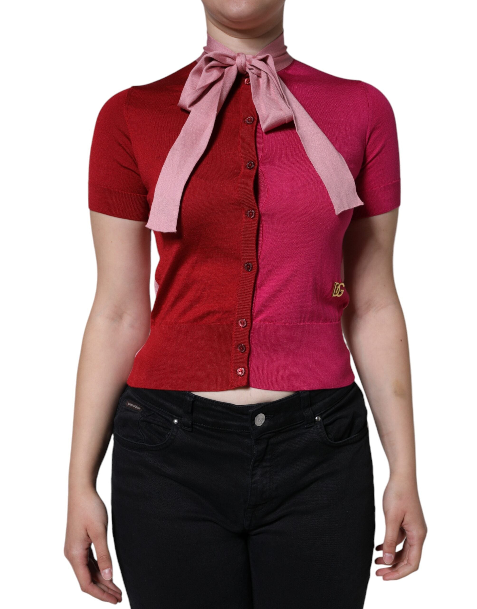 Dolce &amp; Gabbana Pink Kortærmet Pullover Ascot Collar Top