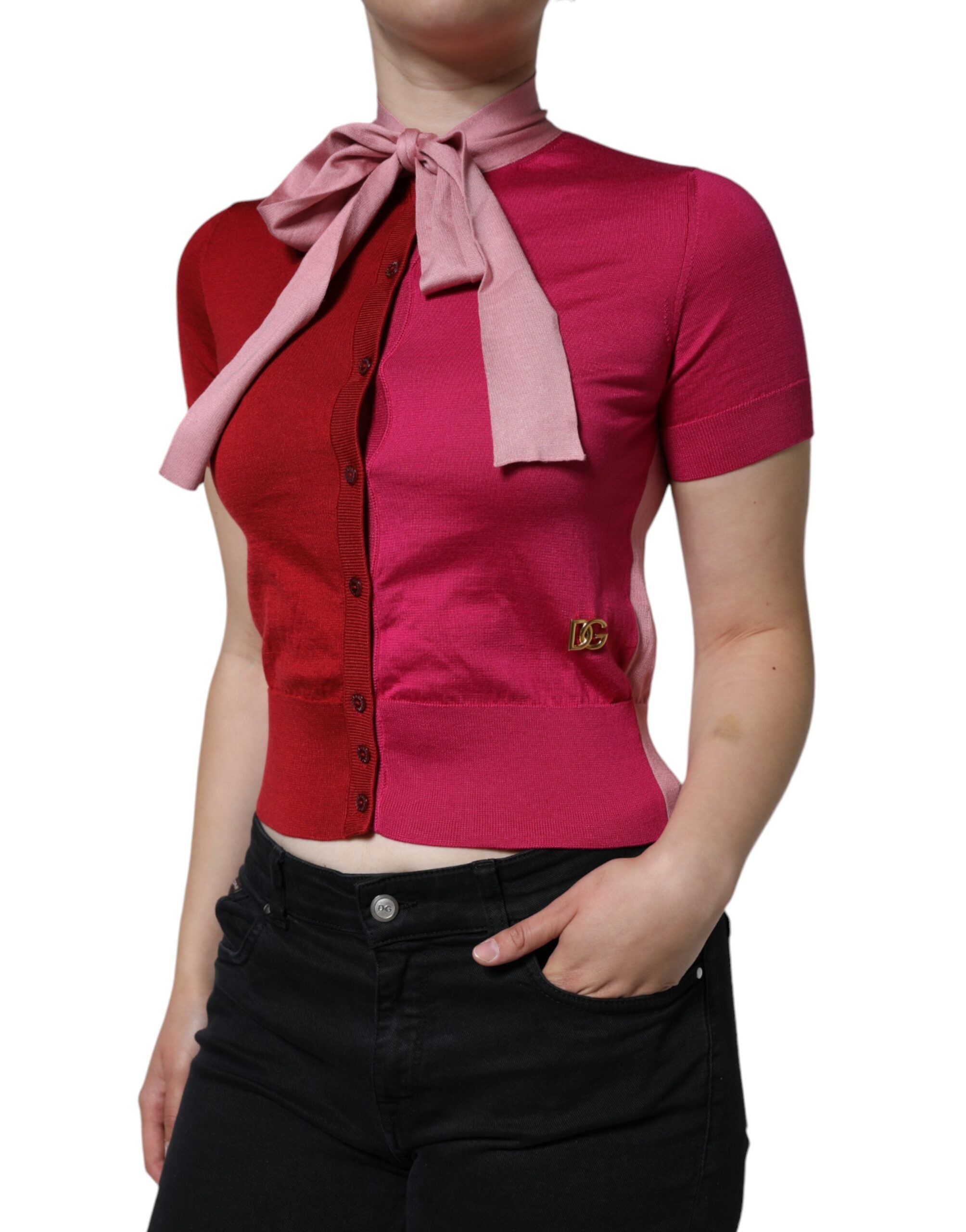 Dolce &amp; Gabbana Pink Kortærmet Pullover Ascot Collar Top