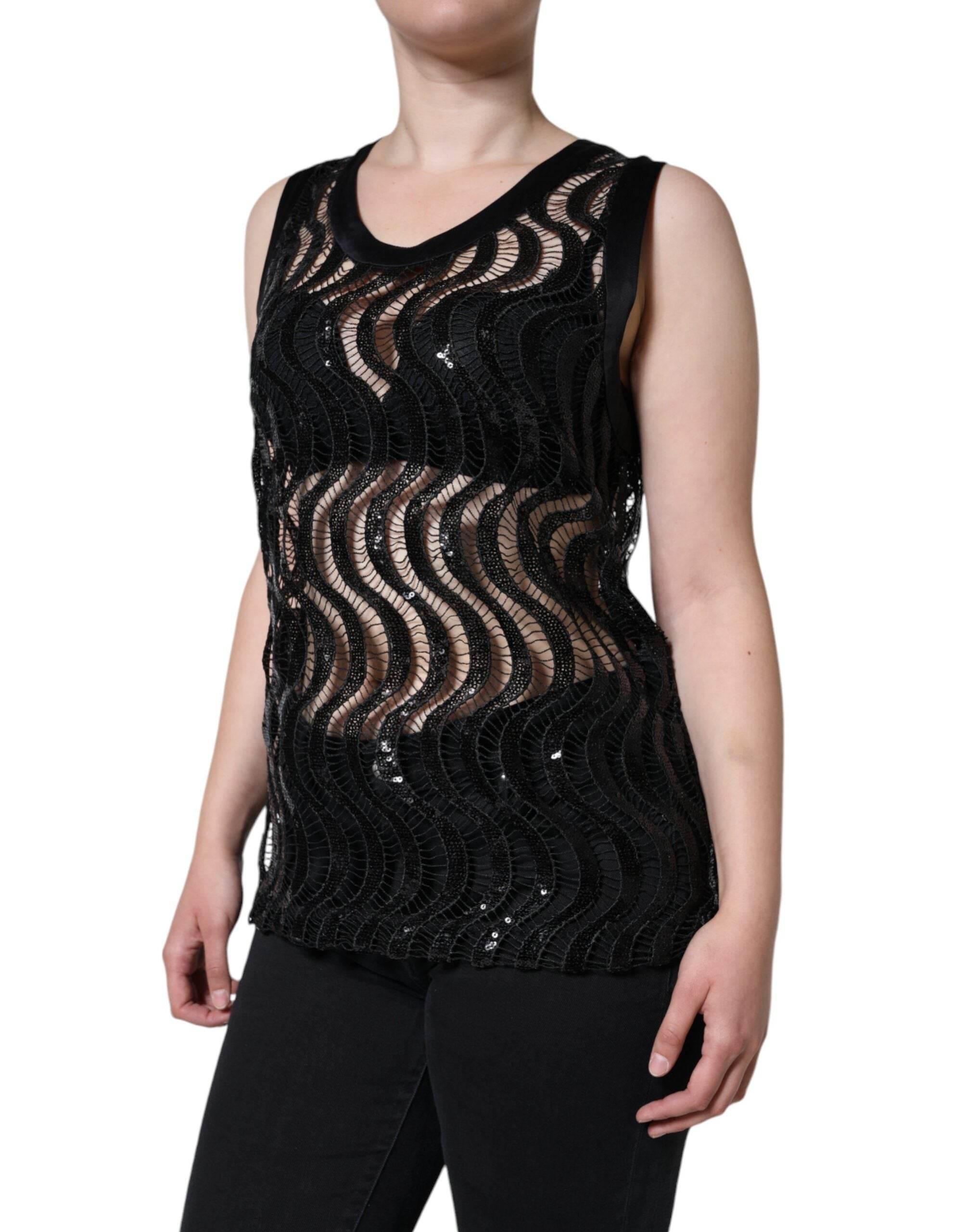 Dolce & Gabbana Black Sequin Sleeveless Tank Blouse Top - Hilstor