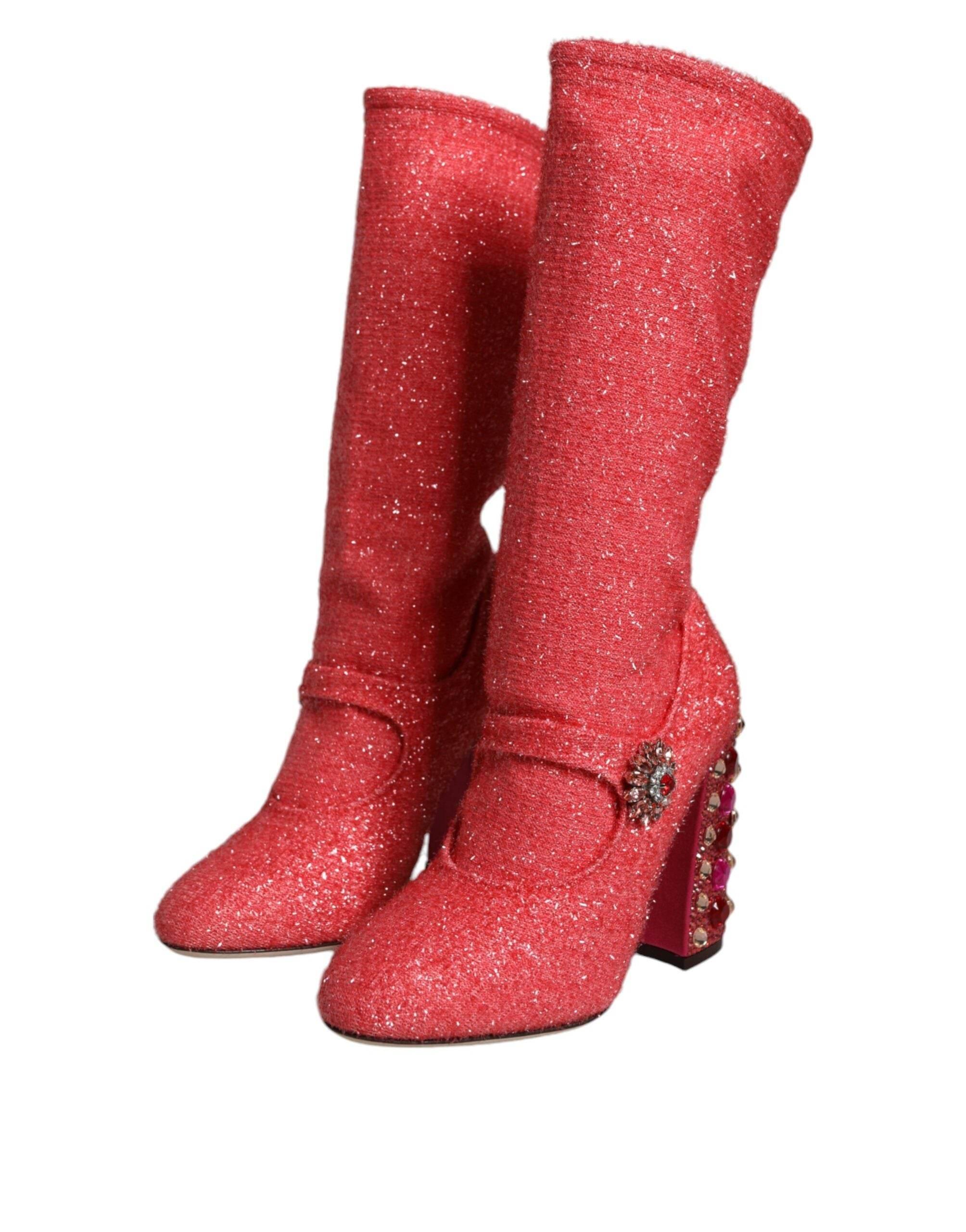 Dolce & Gabbana Pink Crystal Lurex Fantasy High Boots Shoes - Hilstor
