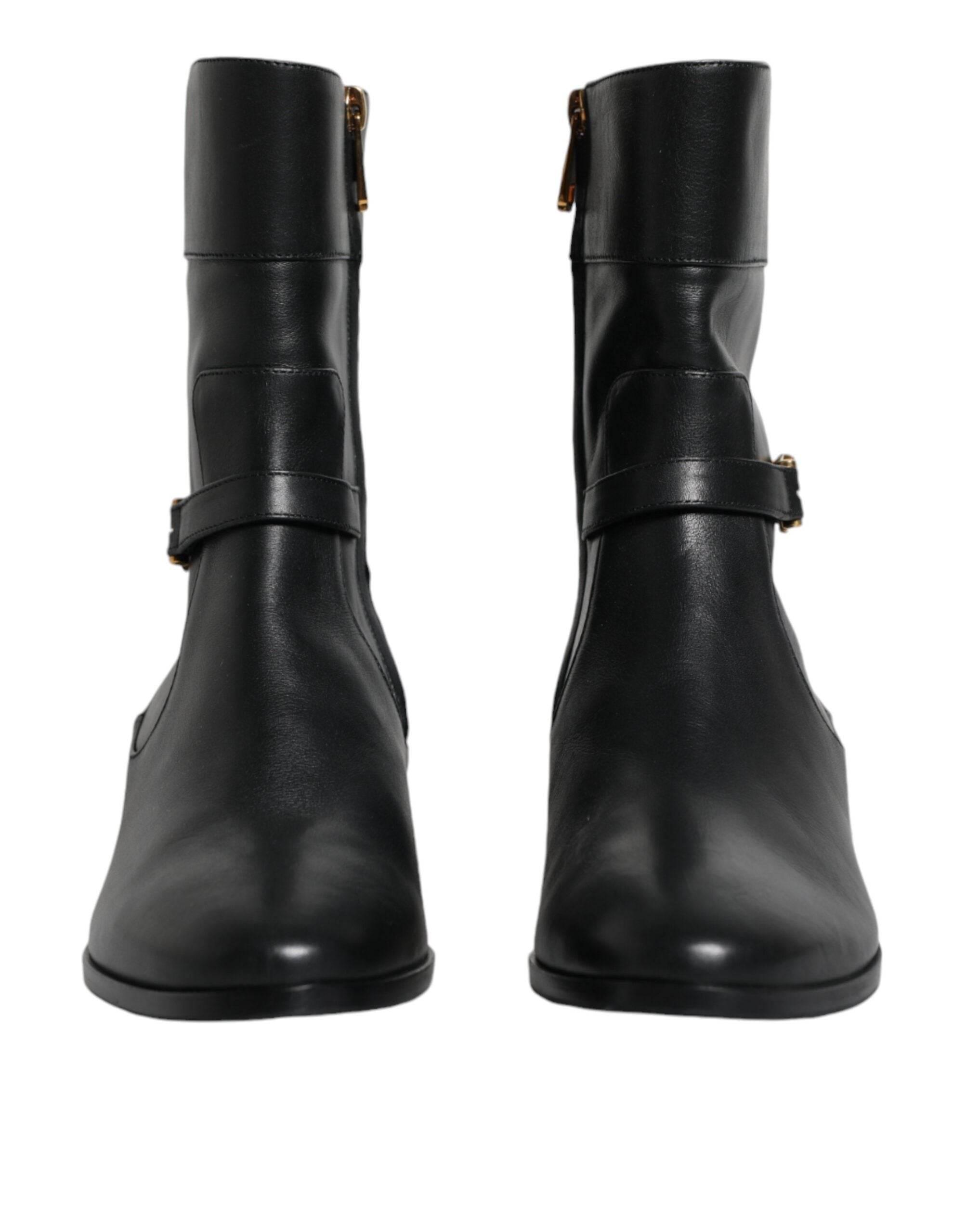 Dolce & Gabbana Black Leather Logo Mid Calf Boots Shoes - Hilstor