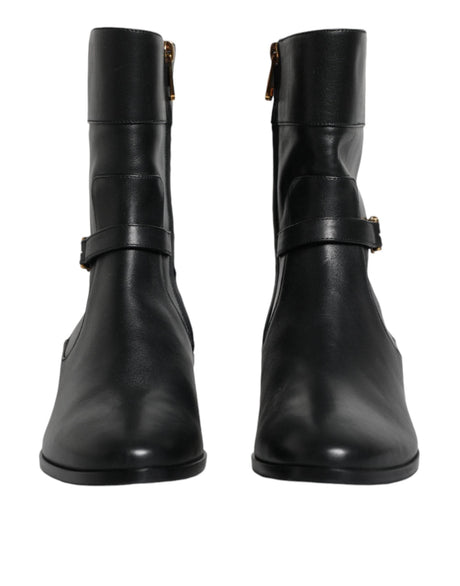 Dolce & Gabbana Black Leather Logo Mid Calf Boots Shoes - Hilstor