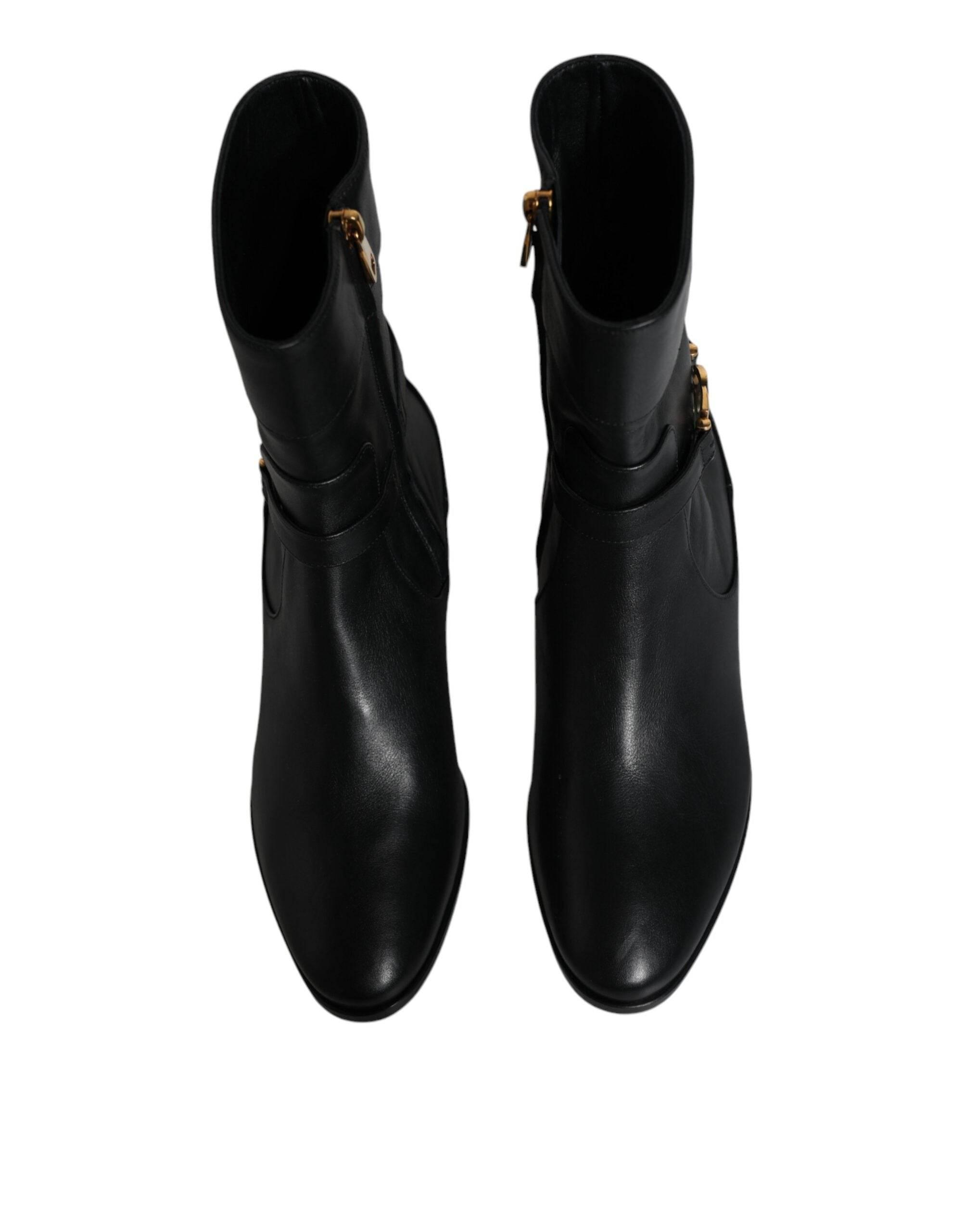 Dolce & Gabbana Black Leather Logo Mid Calf Boots Shoes - Hilstor