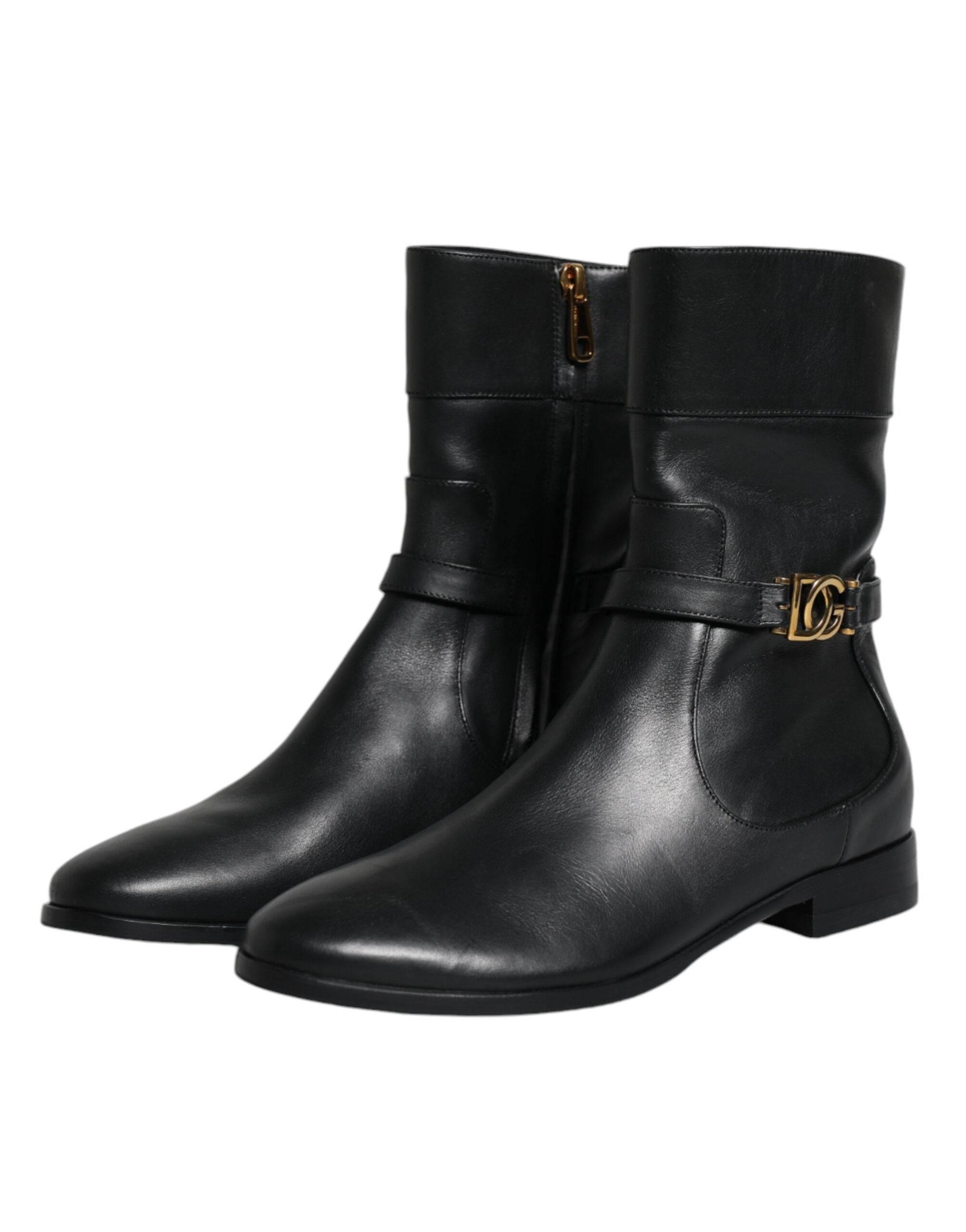 Dolce & Gabbana Black Leather Logo Mid Calf Boots Shoes - Hilstor