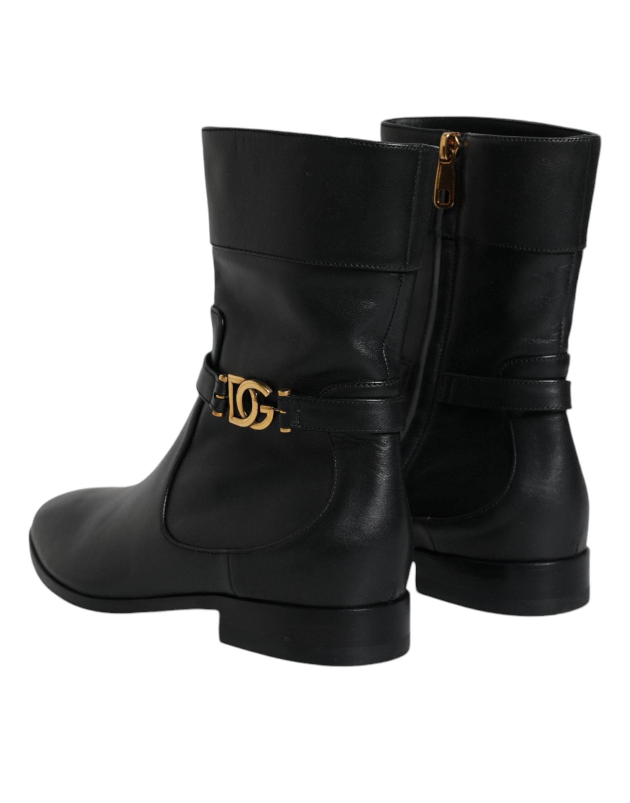 Dolce & Gabbana Black Leather Logo Mid Calf Boots Shoes - Hilstor