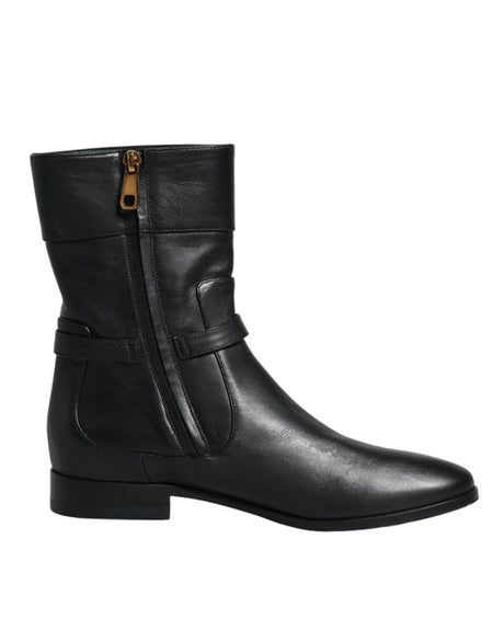 Dolce & Gabbana Black Leather Logo Mid Calf Boots Shoes - Hilstor